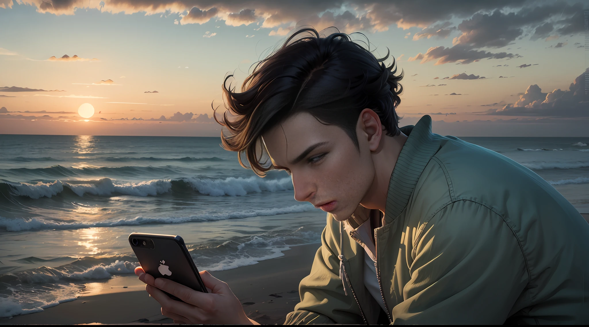 In the evening, by the sea, a young man with a worried expression was tapping his mobile phone with his hand