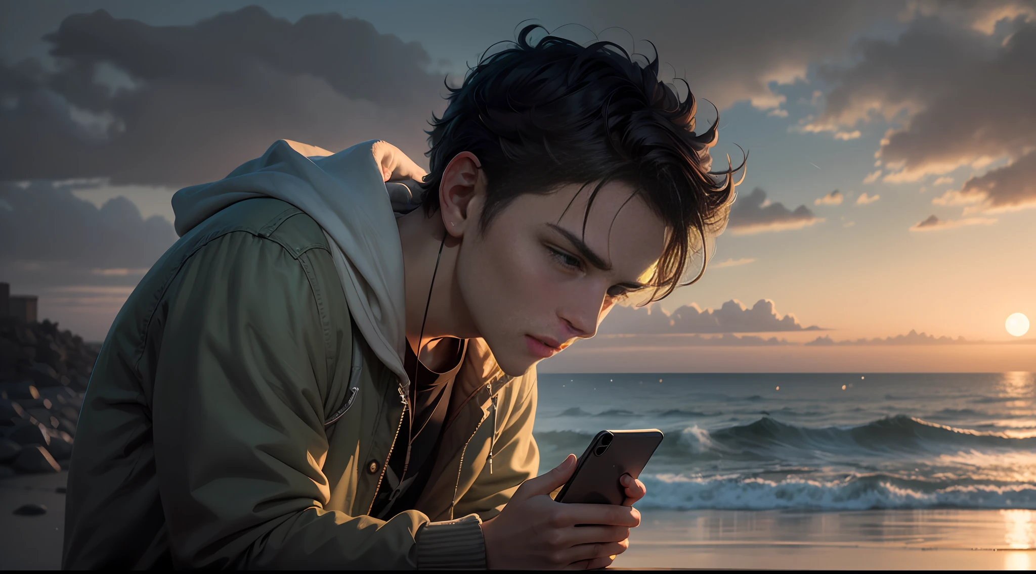 In the evening, by the sea, a young man with a worried expression was tapping his mobile phone with his hand
