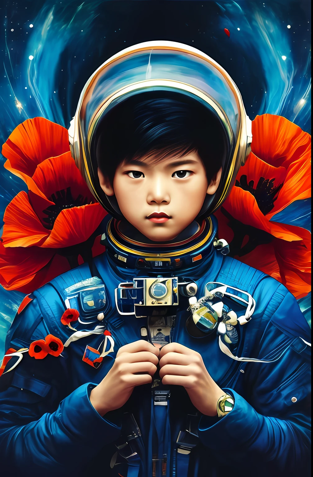 Official Art, Unified 8k Wallpaper, Ultra Detailed, Beautiful and Aesthetic, Masterpiece, Best Quality, (Red Poppy, Tangled, Entangled), (Fractal Art: 1.3), (1boy, boy from China, short black hair, space helmet with exoskeleton, spacesuit) Very detailed, dynamic angle, cowboyshot, most beautiful forms chaotic, elegant, Fauvist design, bright colors, romanticism, James Jean, Robbie Devi Antono, Ross Tran, Francis Bacon, Michal Mlaz, Adrian Ganey, Petra Kotwright, Gerhard Richter, Takashi Yamamoto, Ashley Wood, atmospheric, ecstatic notes, flow notes visible