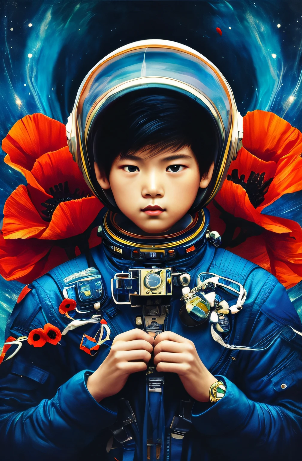 Official Art, Unified 8k Wallpaper, Ultra Detailed, Beautiful and Aesthetic, Masterpiece, Best Quality, (Red Poppy, Tangled, Entangled), (Fractal Art: 1.3), (1boy, 14 year old boy from China, short black hair, space helmet with exoskeleton, spacesuit) Very detailed, dynamic angle, cowboyshot, most beautiful forms chaotic, elegant, Fauvist design, bright colors, romanticism, James Jean, Robbie Devi Antono, Ross Tran, Francis Bacon, Michal Mlaz, Adrian Ganey, Petra Kotwright, Gerhard Richter, Takashi Yamamoto, Ashley Wood, atmospheric, ecstatic notes, flow notes visible