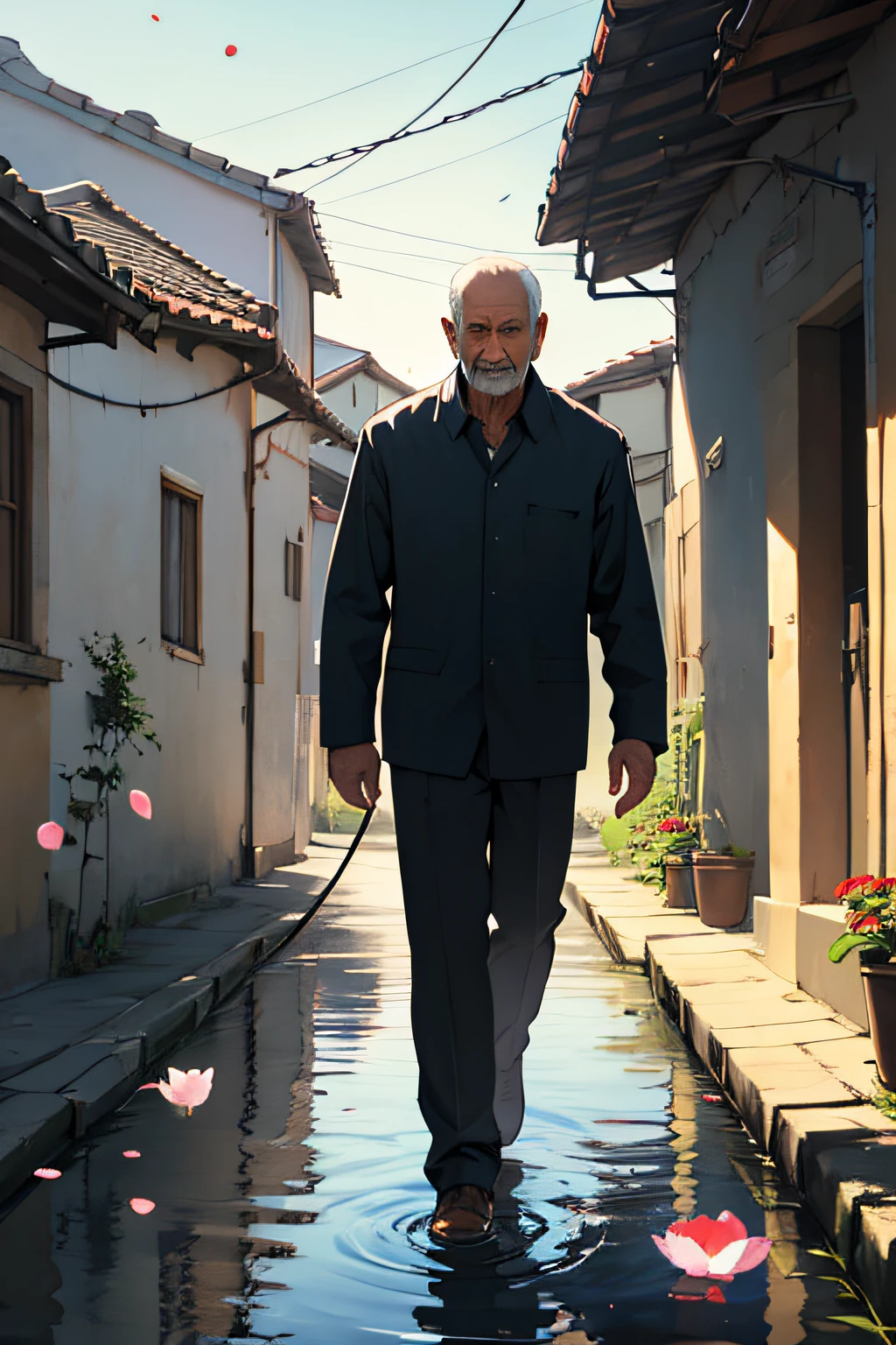 father,solo,walking in the sunlight,village,water drop,petals,