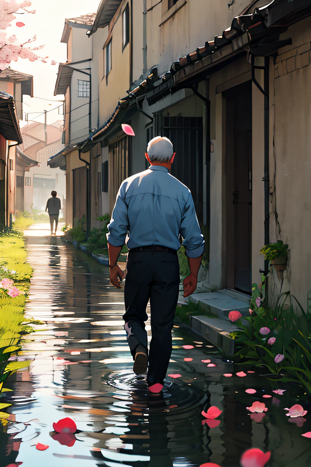 father,solo,walking in the sunlight,village,water drop,petals,