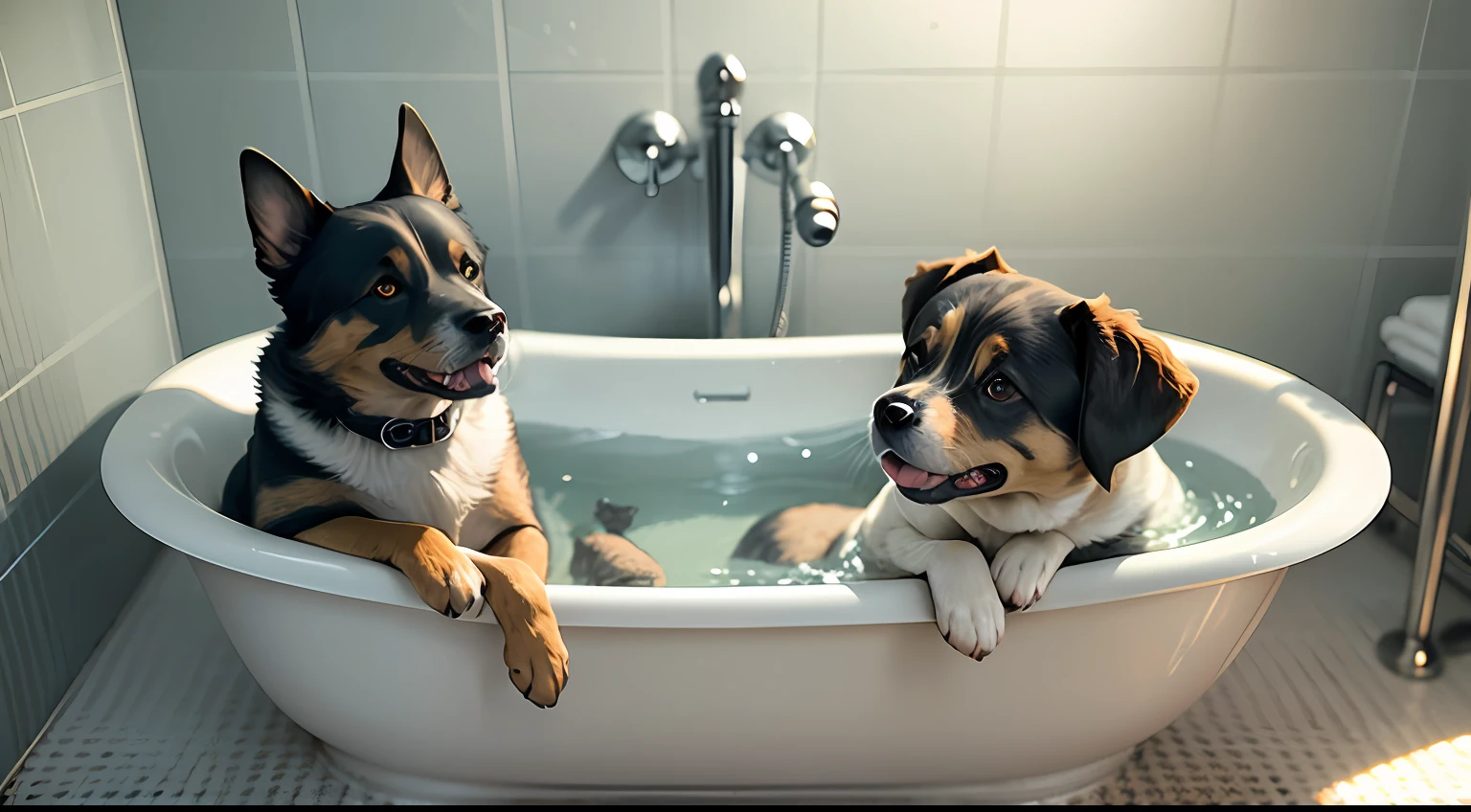 Dogs and people, bath, bathtub, foam, realism, photos