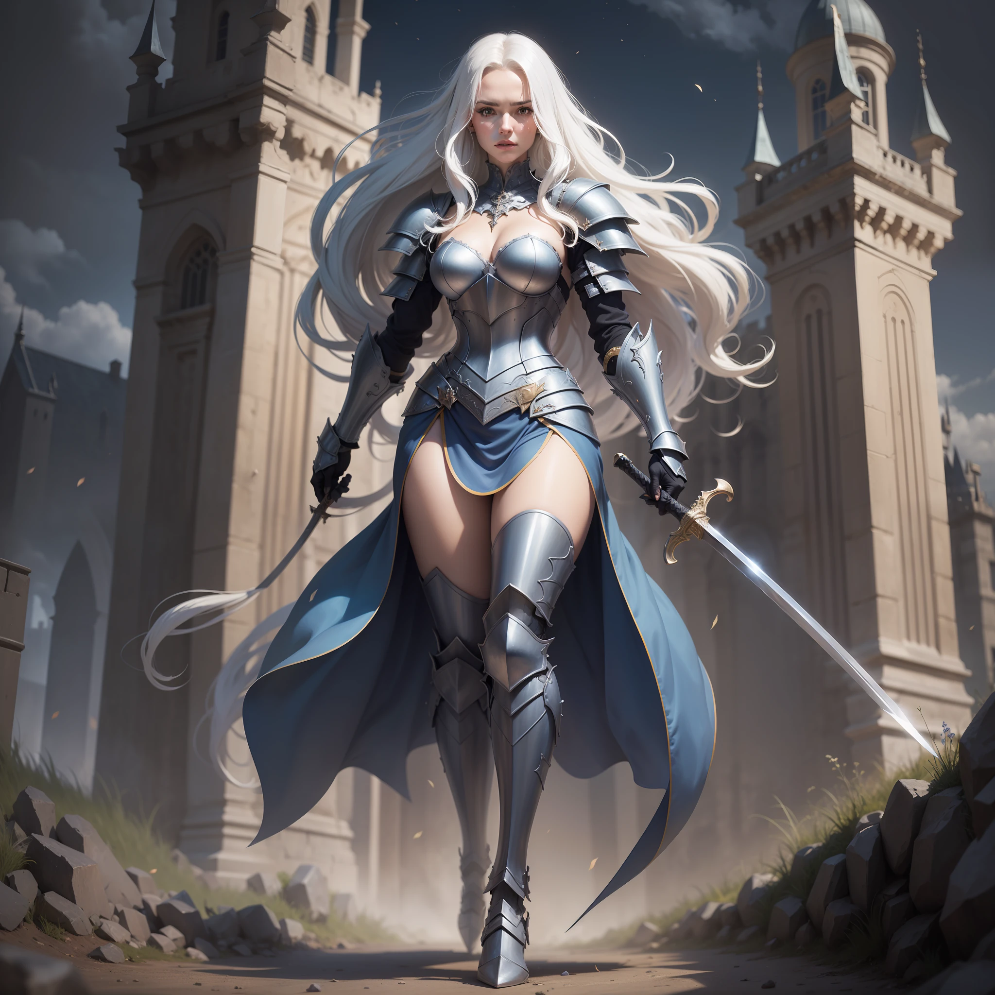 Joan Darc, blue armor, long white hair ,castle at night, Gothic Realistic ,4k holding a sword ,Full body