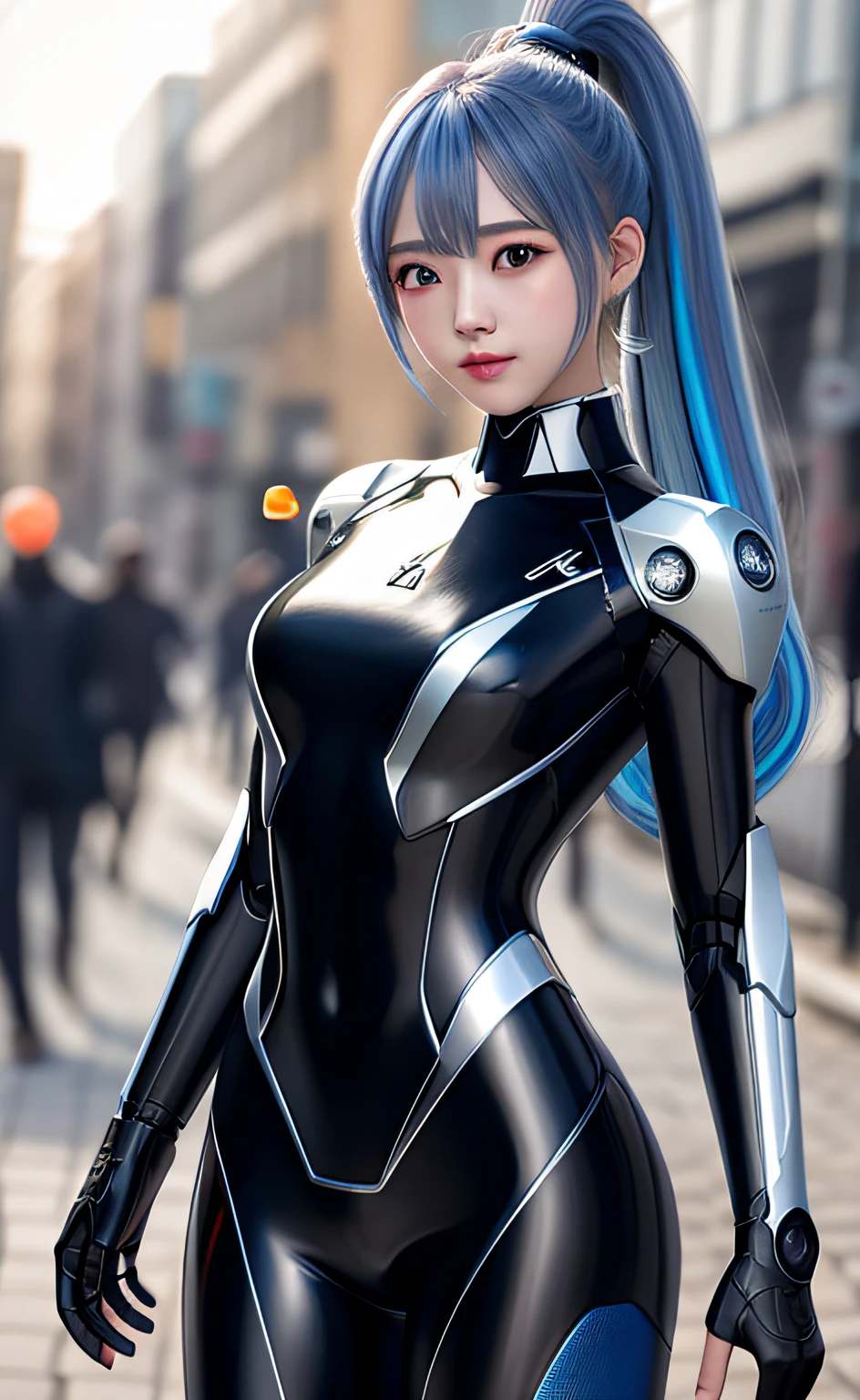 realistic,photorealistic,masterpiece,best quality,1girl,solo,(standing in street),looking at viewer,{{masterpiece}},Flat chestbest quality},solo,flat_chest,Detailed face,{a lot of glowing particles},High ponytail,Mecha cloths,Robot girl,Cool movement,Sliver bodysuit,{filigree},Delete and (enrich) hair,(Sliver) and (broker) body,Blue streaked hair,Depth of field,