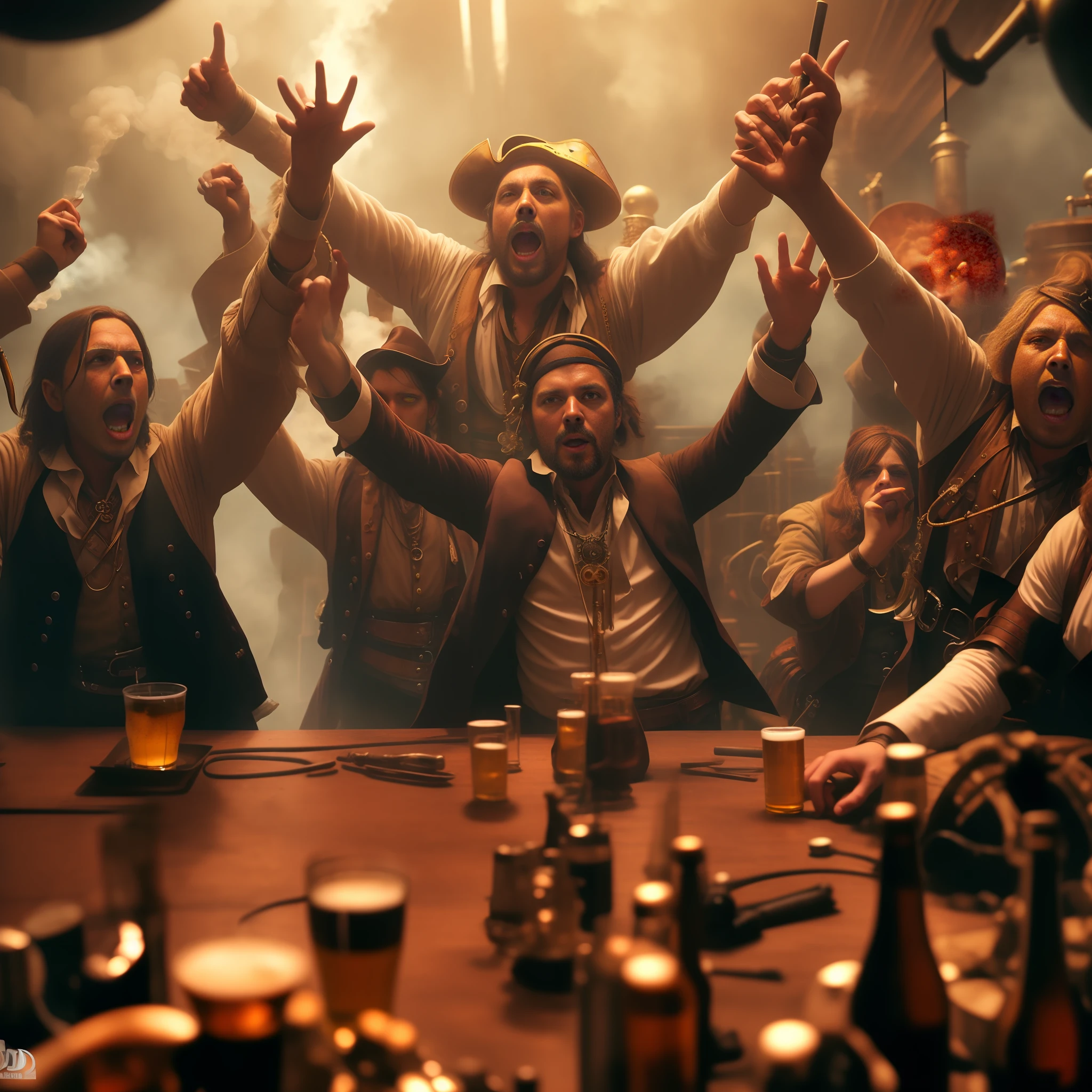 a group of people standing around a table with beer glasses, steam punk party, pirates in a tavern, steampunk acessoires, steampunk fantasy style, steampunk imagery themed, steampunk style, steampunk, set in a steampunk world, film still dnd movie, by Aleksander Gierymski, steampunc, in a steampunk laboratory, movie promotional image, film still dnd
