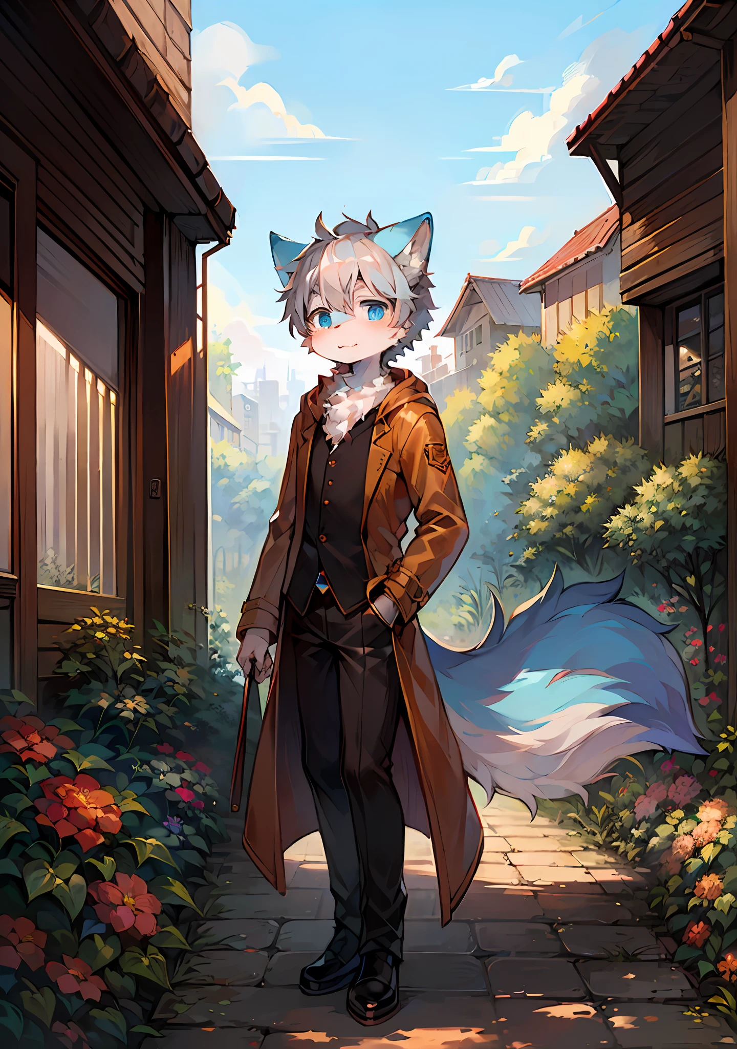 (Bright Environment: 0.8), Masterpiece, High Quality, Abstract Res, Digital Painting\(Artwork\), by Dagasi, Yupa, Kiyosan, (Anthro, Fluffy Fur, Character Focus: 1.1), Anthro Male Cat, Short Hair, Portrait , bright eyes, panorama, character focus. (Background: 0.7), Solo, Furry, Hairy Male, Male Focus, Anthr, (Full Body Fur, Fluffy Tail, Blue Fur, Blue Eyes, Gray Hair: 1.2), (Canids, Coat: 1.2), (Exterior, Day, Garden, Sky: 1.1)