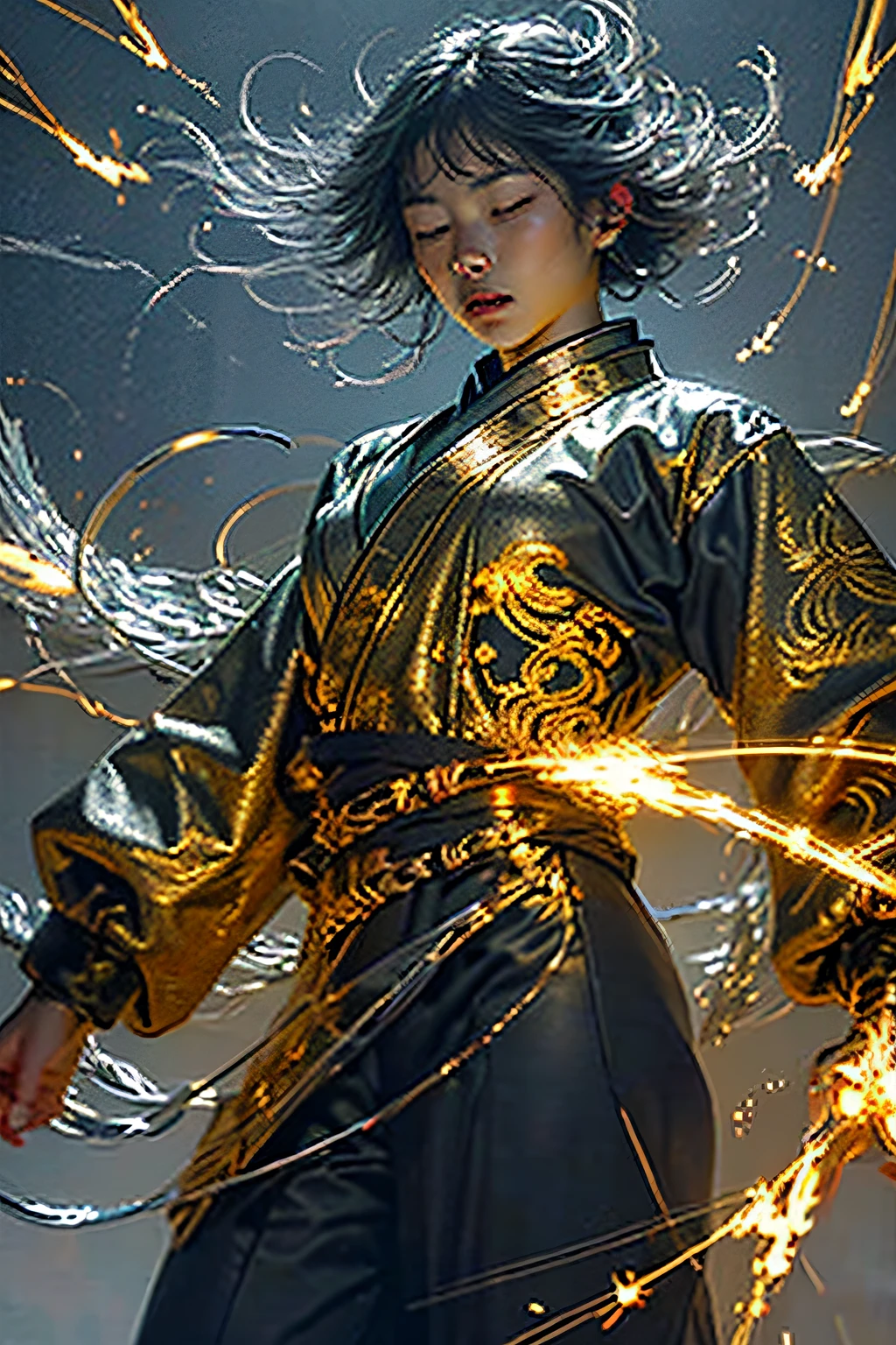 Best quality,masterpiece,ultra high res,solo,1girl, ,roujinzhi,Chinese Zen style,impactful picture,translucent and glowing metallic patterns,(glowing metal objects hovering in the air and surrounding him:1.2),(Electric arcs and sparks:1.2),(flow of energy:1.2),(translucent magnetic lines:1.2),(golden silver grey and shimmering light effects:1.2),