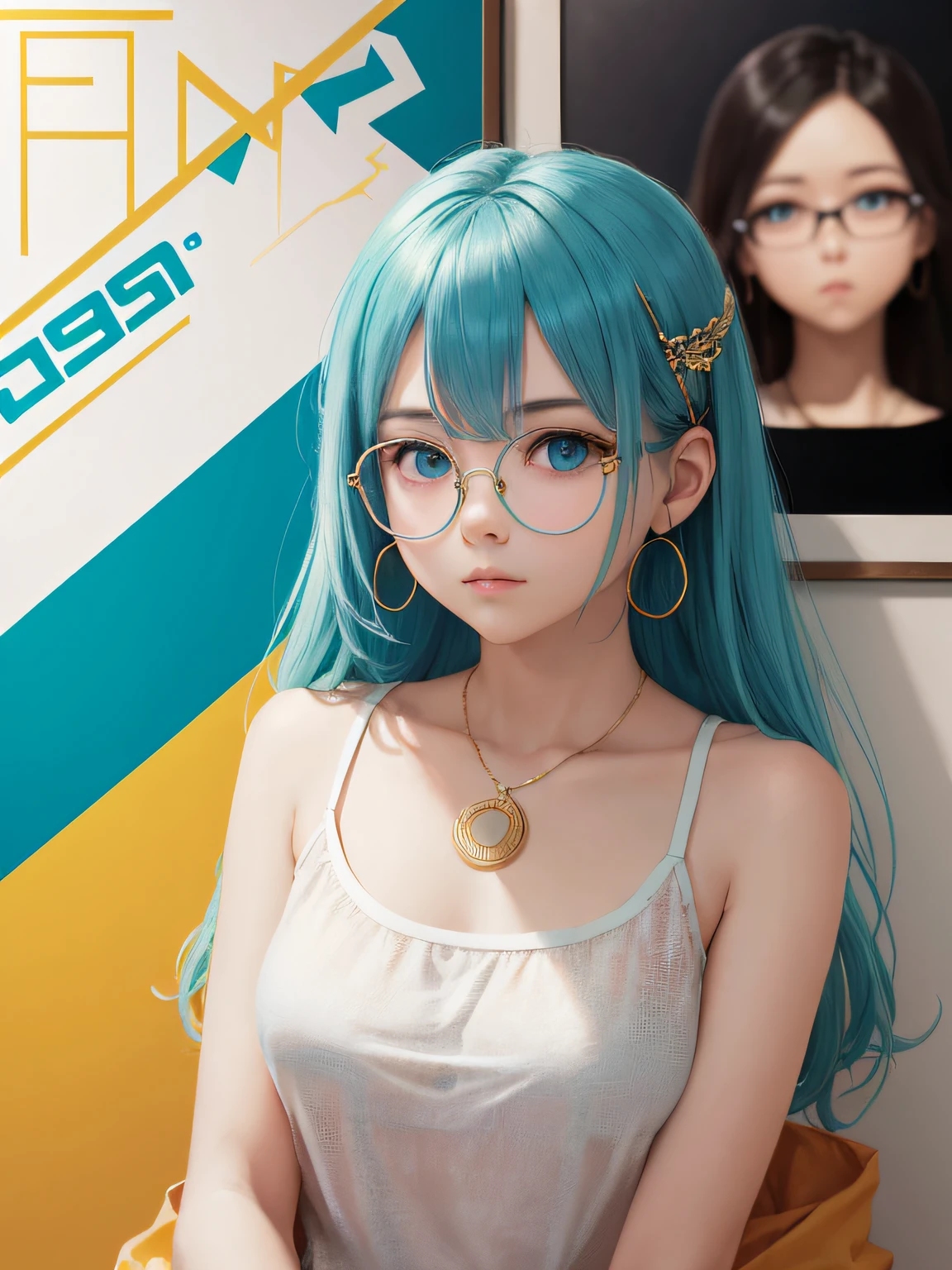 (Masterpiece, highest quality, super large resolution); (CG illustration); (a cute and cute girl); (sleepiness) (exhaustion); ((round-framed gold wire glasses)), (fashionable) (trendy); Rich colors, cyan, orange, yellow, green, cyan, blue, purple, fashion typography, magazine cover poster, hyper-detail, art, title, logo, label, badge, graphic design, detail post-processing, depth of field, high brightness, high saturation, more white space;