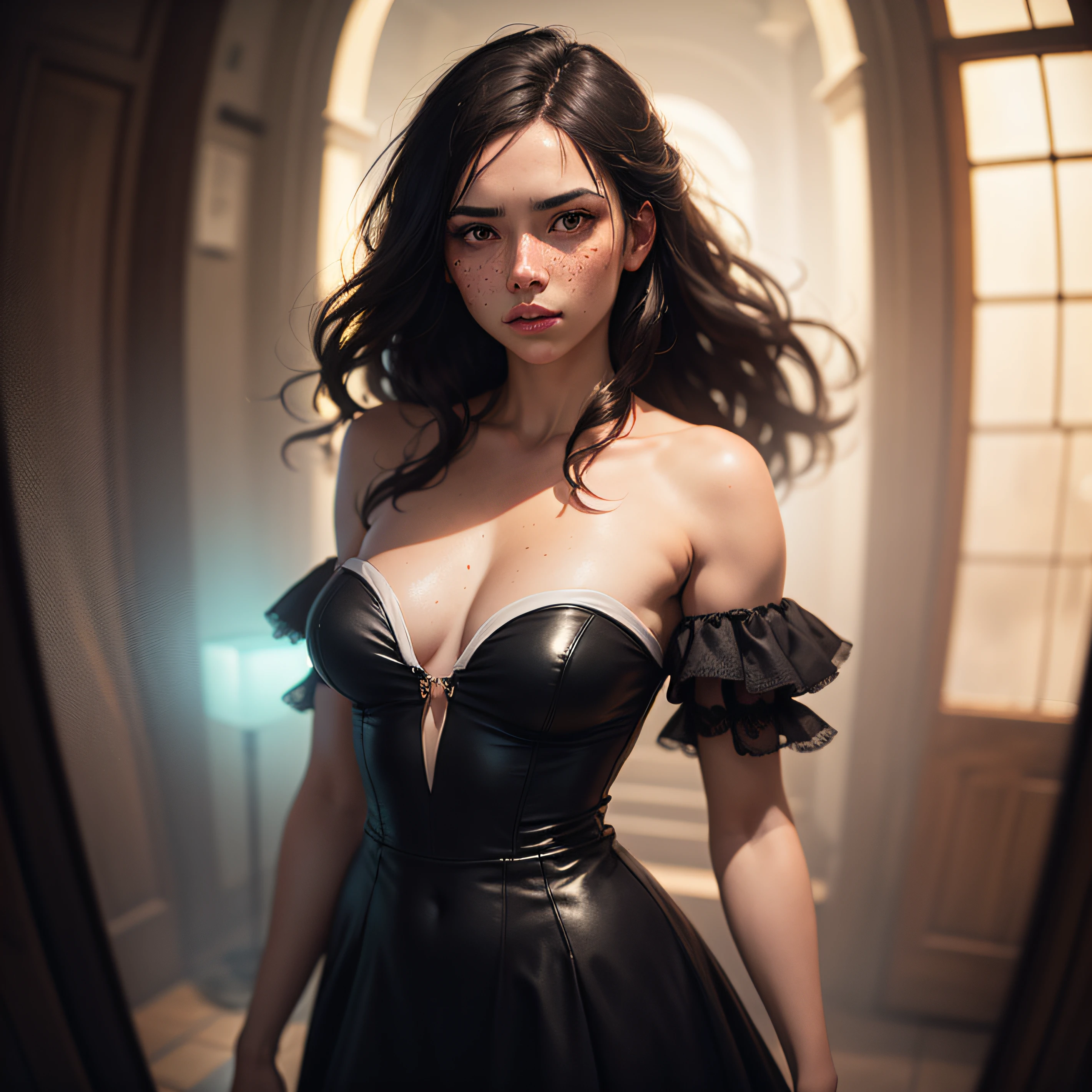 (Digital Artwork:1.3) of (marijameglaj:1.1), freckled face, windblown hair, detailed eyes, modern Prada strapless dress, breasts focus, by Jeremy Lipking, by Antonio J. Manzanedo, by lee jeffries, nikon d850, film, stock photograph, 4 kodak portra 400 camera, f1.6 lens, rich colors, hyper-realistic, lifelike texture, dramatic lighting, unreal engine, trending on artstation, cinestill 800, fisheye lens,CGSociety,ArtStation --auto