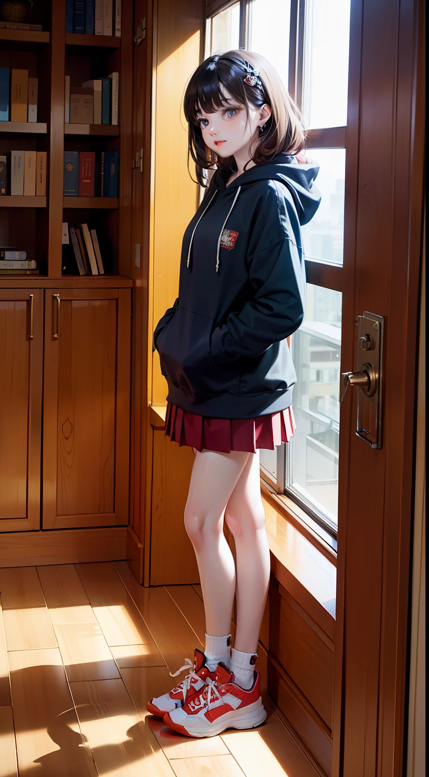 dreamlikeart,(ins style: 1.5), (masterpiece), 8k wallpaper, illustration, 1 girl, 25 years old,(solo: 1.5), (red perm), (hair accessories), (standing, windowsill, (real complex indoor environment: 1.4), [warm Light], (the bookshelf is full of books), (tsundere face: 1), [hoodie top], [hoodie skirt], (pleated), (flare mouth), (rich colors) ,[white stockings], (sneakers), [the setting sun is outside the window], [holding a book in hand], [(gazing)|(horizontal viewing angle)], (dynamic angle), (light), (daytime :1.3), [(window behind) )|(interior detailed furniture)], (quiet atmosphere), (peaceful), [(tranquil)|(real window view)], (special, best aesthetic, New, Latest, Best Quality, Masterpiece, Very Detailed:1.2 ),ulzzang-6500-v1.1,(nikon RAW photo,Fujifilm XT3),