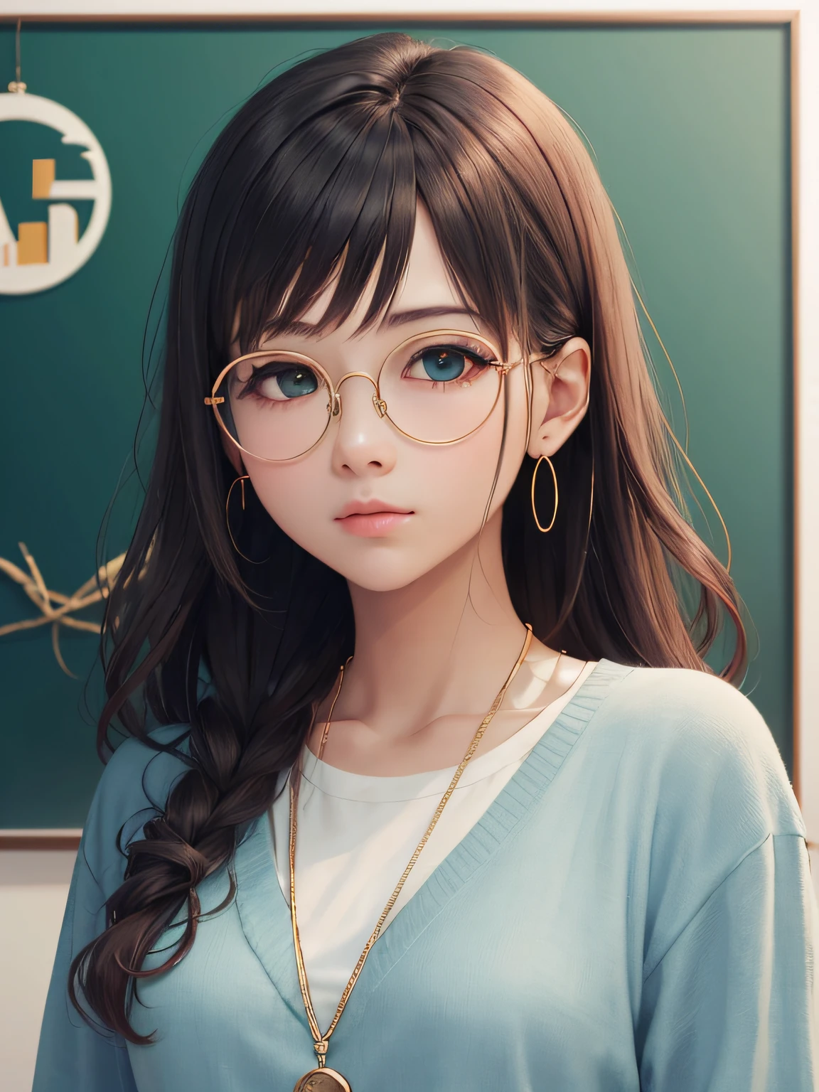 (Masterpiece, highest quality, super large resolution); (CG illustration); (a cute and cute girl); (sleepiness) (exhaustion); ((round-framed gold wire glasses)), (fashionable) (trendy); Rich colors, cyan, orange, yellow, green, cyan, blue, purple, fashion typography, magazine cover poster, hyper-detail, art, title, logo, label, badge, graphic design, detail post-processing, depth of field, high brightness, high saturation, more white space;