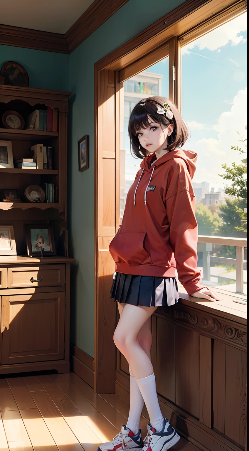 dreamlikeart,(ins style: 1.5), (masterpiece), 8k wallpaper, illustration, 1 girl, 25 years old,(solo: 1.5), (red perm), (hair accessories), (standing, windowsill, (real complex indoor environment: 1.4), [warm Light], (the bookshelf is full of books), (tsundere face: 1), [hoodie top], [hoodie skirt], (pleated), (flare mouth), (rich colors) ,[white stockings], (sneakers), [the setting sun is outside the window], [holding a book in hand], [(gazing)|(horizontal viewing angle)], (dynamic angle), (light), (daytime :1.3), [(window behind) )|(interior detailed furniture)], (quiet atmosphere), (peaceful), [(tranquil)|(real window view)], (special, best aesthetic, New, Latest, Best Quality, Masterpiece, Very Detailed:1.2 ),ulzzang-6500-v1.1,(nikon RAW photo,Fujifilm XT3),