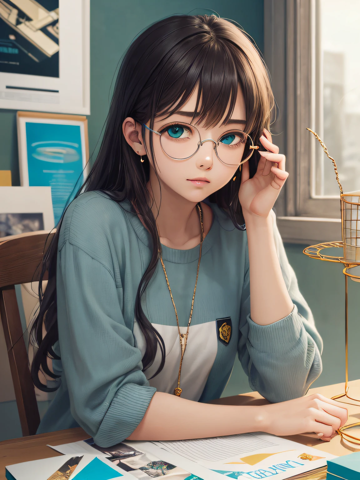 (Masterpiece, highest quality, super large resolution); (CG illustration); (a cute and cute girl); (sleepiness) (exhaustion); ((round-framed gold wire glasses)), (fashionable) (trendy); Rich colors, cyan, orange, yellow, green, cyan, blue, purple, fashion typography, magazine cover poster, hyper-detail, art, title, logo, label, badge, graphic design, detail post-processing, depth of field, high brightness, high saturation, more white space;