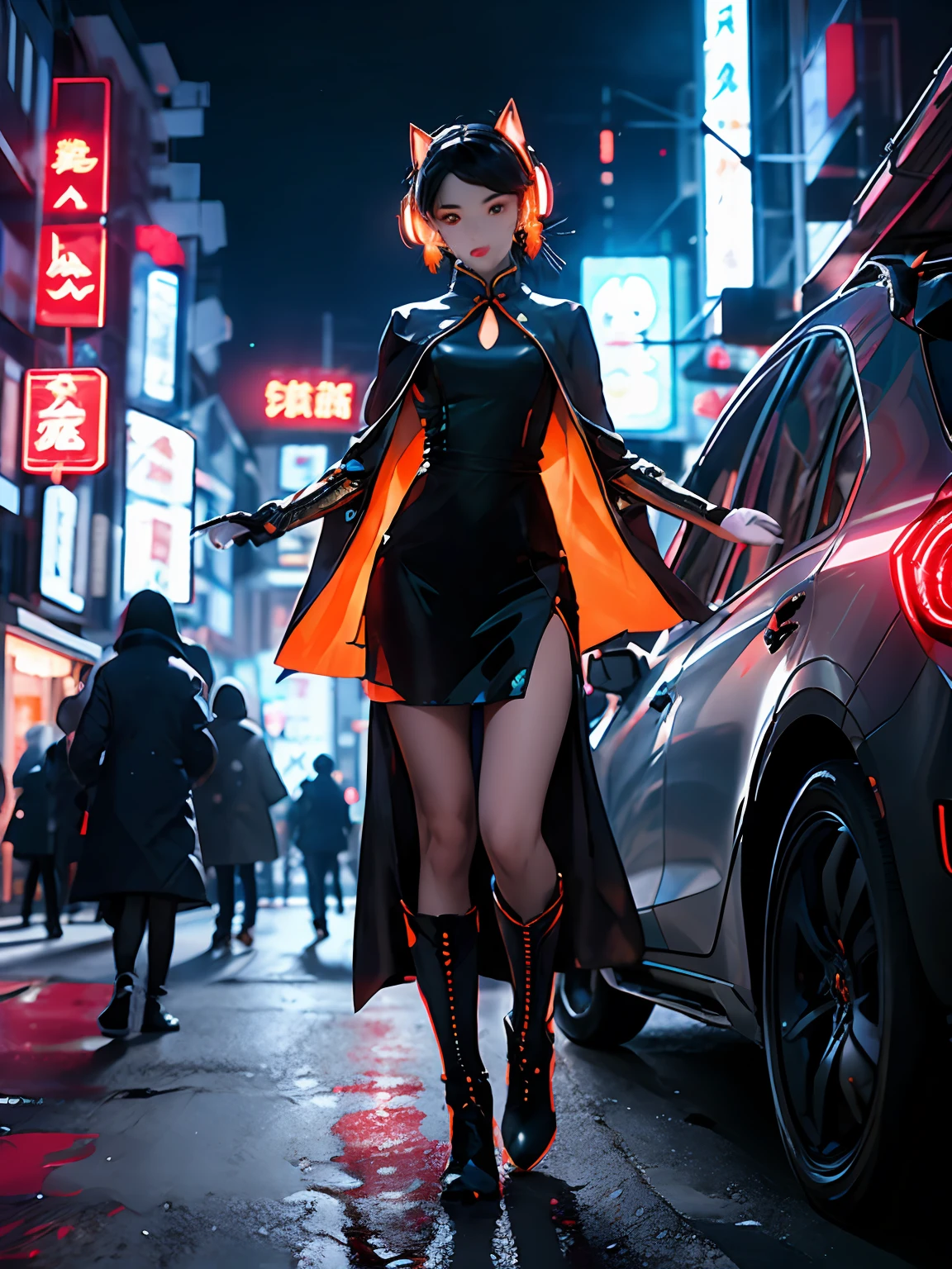 1 girl, Chinese_clothes, metallic black titanium and orange, cyberhan, cheongsam, cyberpunk city, dynamic pose, detailed luminous headphones, glowing hair accessories, long hair, luminous earrings, glowing necklace, cyberpunk, high-tech city, full of mechanical and futuristic elements, futurism, technology, glowing neon, orange, orange light, fluorescent orange, skirt, cape, coat, laser, digital background, urban sky, big moon, with vehicle, best quality, masterpiece, 8K, Character edge light, super high detail, high quality, the most beautiful woman in human beings, slight smile, face facing front left and right symmetry, ear decoration, beautiful pupils, light effects, visual data, pick and dye orange, dye hair, super detail facial texture, happy and proud, weapon system, mecha style, crowded street passers-by, full body in camera, infinite zoom, super light and shadow, various poses, long hair flowing, glowing boots