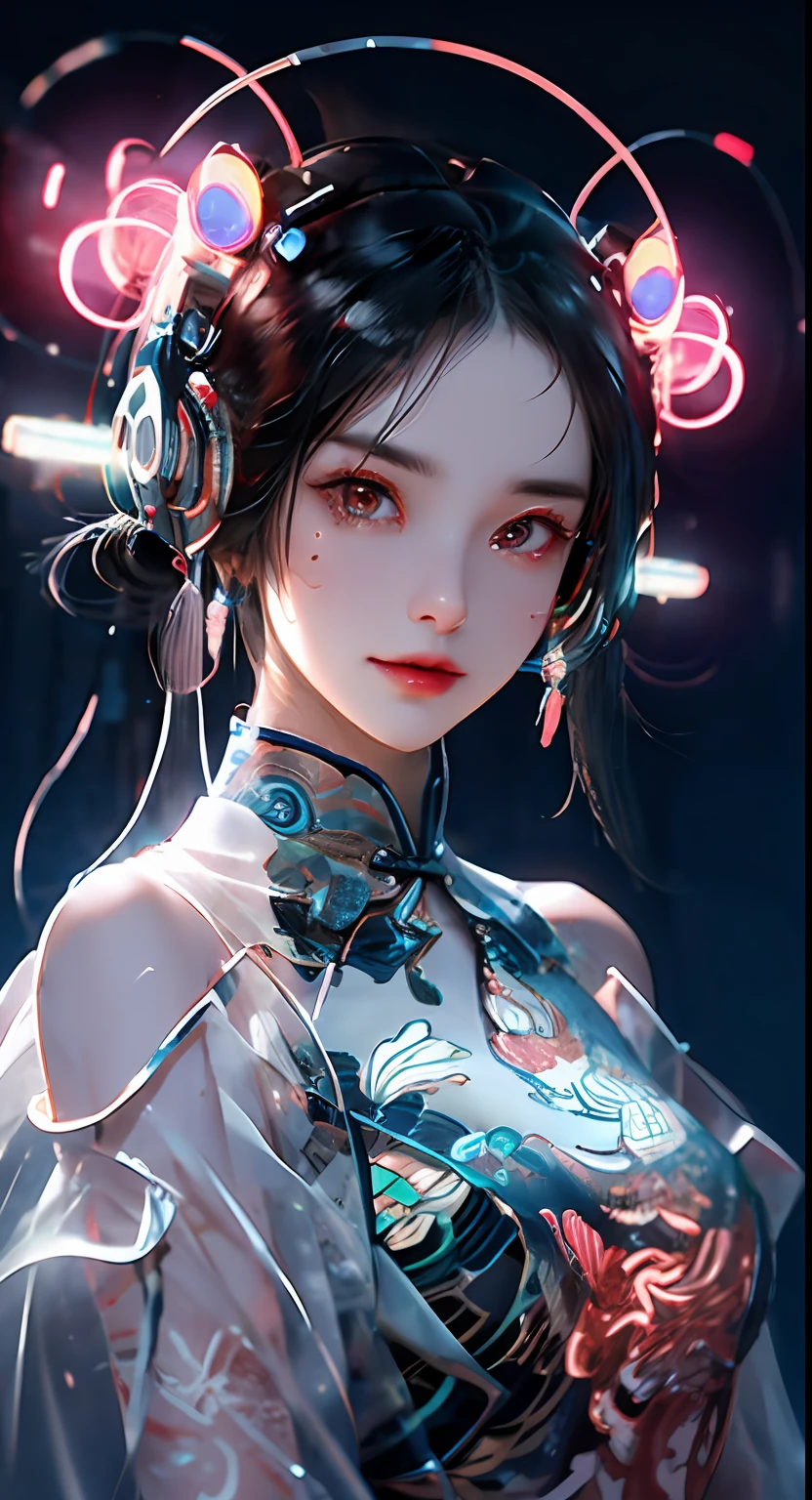 1 girl, Chinese_clothes, liquid silver and pink, cyberhan, cheongsam, cyberpunk city, dynamic pose, glowing headphones, glowing hair accessories, long hair, glowing earrings, glowing necklace, cyberpunk, high-tech city, full of mechanical and futuristic elements, futuristic, technology, glowing neon, pink, pink light, transparent tulle, transparent streamers, laser, digital background urban sky, big moon, with vehicles, best quality, masterpiece, 8K, character edge light, Super high detail, high quality, the most beautiful woman in human beings, micro smile, symmetrical left and right face, an antenna for ears, beautiful pupil light effects, visual data