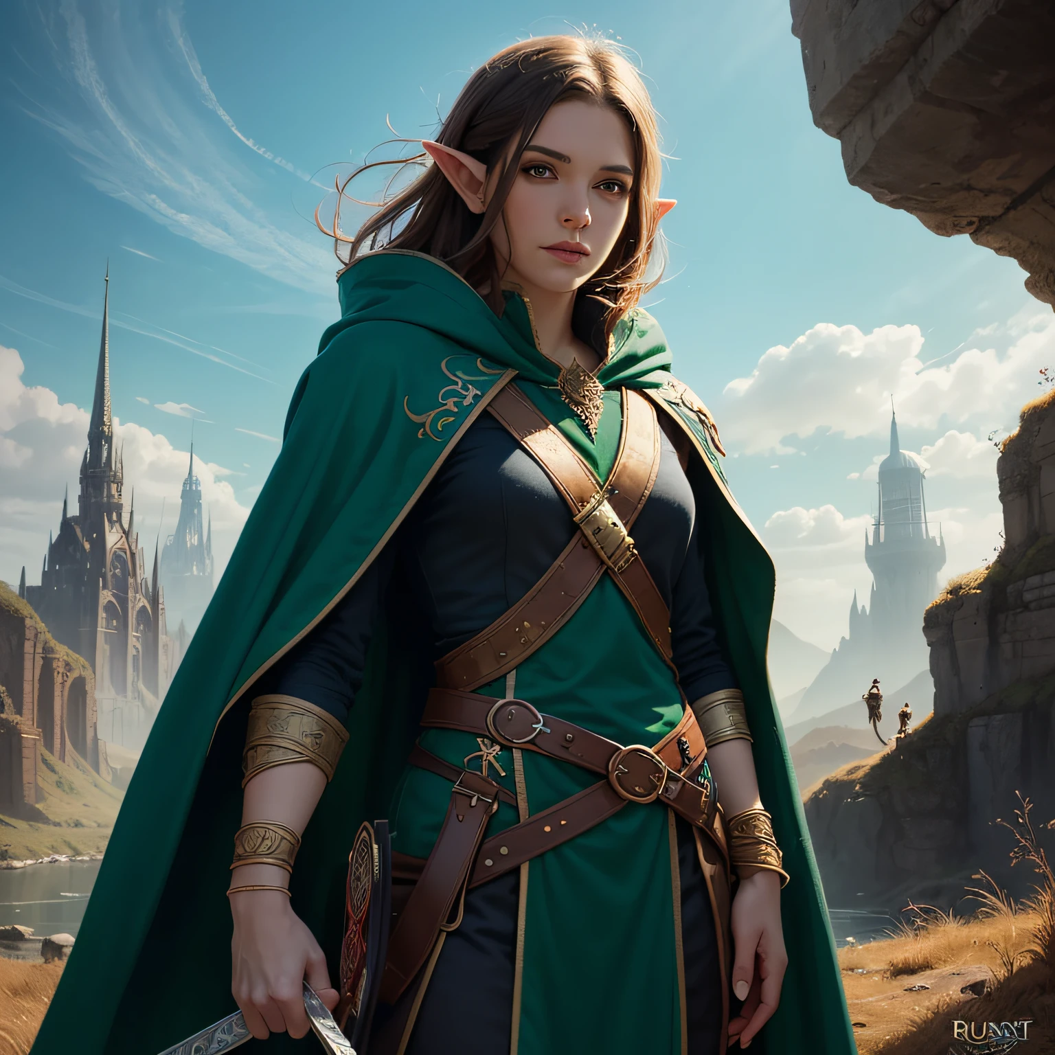 portrait of a half elf (fantasy art, masterpiesce best quality), wizard, (dnd art, fantasy art, masterpiesce best quality) , with a short brown hair, short brown stubble, (fantasy art, Masterpiece, best quality) brown , armed in the right hand with a short sword (elven runes) (Masterpiece, best quality) casting a spell, wearing cloak (green, flowing) , in a fantasy urban setting, (dnd art, fantasy art, Masterpiece, best quality)