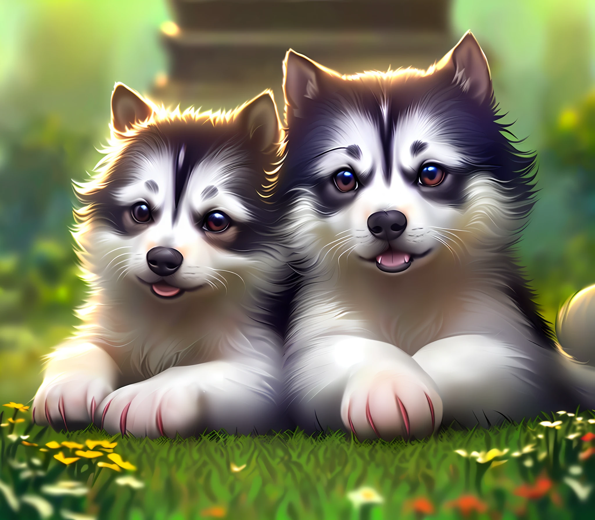 (2 girls: 1.2), 1 husky puppy, cute, outdoor, divine light, kawaii, slices of life, Studio Ghibli, (masterpiece: 1.2), (best quality: 1.2), amazing, very detailed, beautiful, fine details, depth of field, extremely detailed CG unity 8k wallpaper, dynamic angle