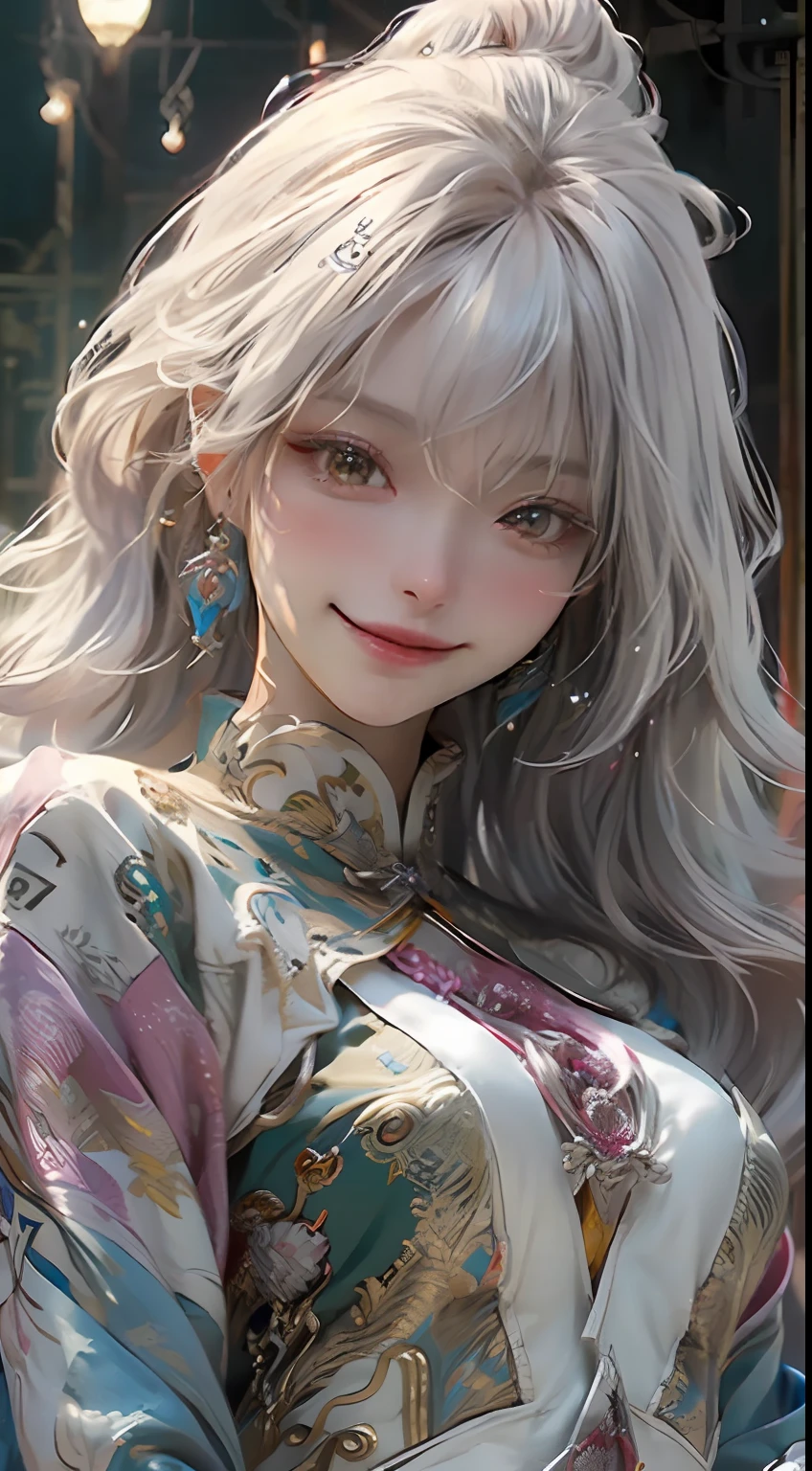 1girl, solo, white long hair, official art, unity 8k wallpaper, ultra detailed, beautiful and aesthetic, masterpiece, best quality, realistic, (zentangle, mandala, tangle, entangle), (fractal art), (ecstasy of silk:1.5), web, chain, extremely detailed, dynamic angle, epic composition, the most beautiful form of chaos, elegant, a brutalist designed, vivid colours, romanticism, zhongfenghua, grey mist, smile