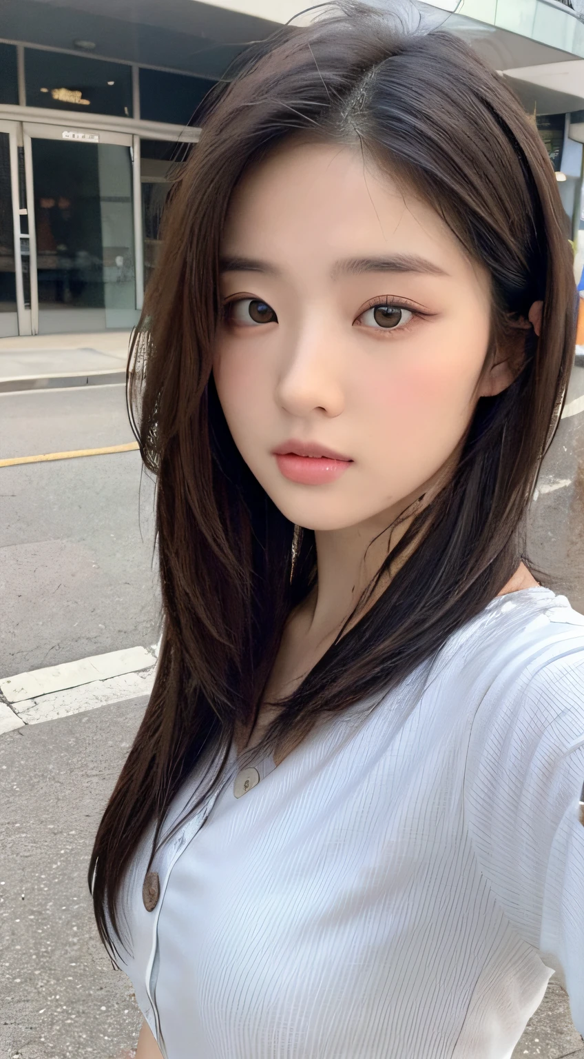 ((Best Quality, 8K, Masterpiece: 1.3)), Sharp: 1.2, Perfect Body Beauty: 1.4, Slim Abs: 1.2, ((Layered Hairstyle, :1.2)), (White Button Short Sleeve Shirt: 1.1), (Street: 1.2), Wet: 1.5, Highly detailed face and skin texture, Fine eyes, double eyelids, looking at the camera