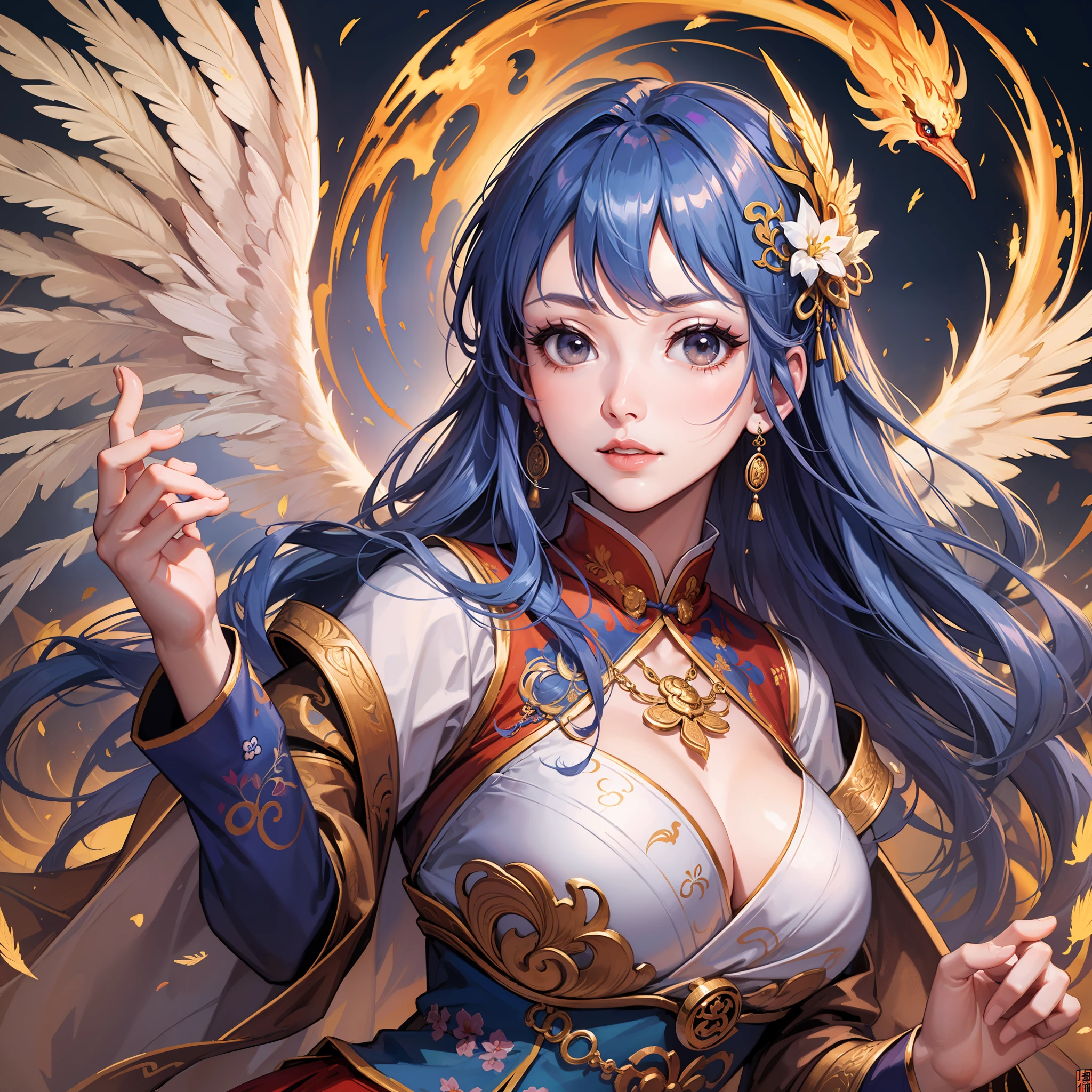 Goddess of the sky, Chinese style, phoenix fairy, ornate attire, exquisite feather patterns, 32k image resolution