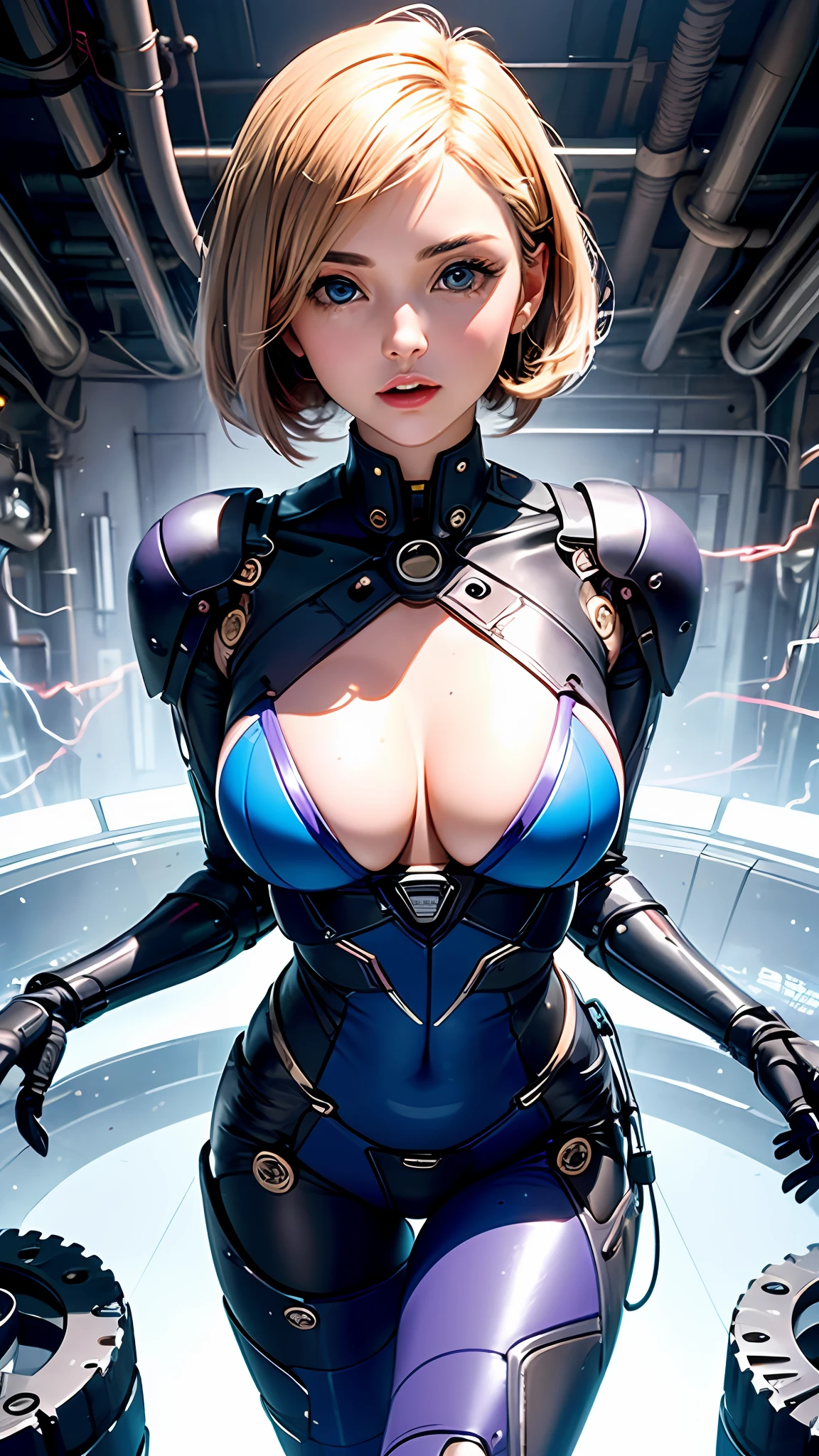 One-sided layered cut Bob, (Blonde hair: 1.3), ((Transparent blue eyes (purple)), ((Beautiful, detailed eyes, Jewel-like eyes, Bright blue eyes: 1.3)) , The female body incorporates mechanical components such as gears with supernan S on the chest, wires and circuits that merge with the female's natural shape to create a visually captivating and futuristic aesthetic. The mechanical elements emphasize precision and functionality, with interlocking gears and gears that work harmoniously with the feminine physique. Female faces can have cybernetic enhancements, such as glowing eyes, neural implants, and metallic facial features that symbolize the fusion of man and machine. This work of art embodies both the strength of a woman and the grace of the human spirit. Lighting and shadows play an important role, increasing the contrast between organic and mechanical elements and adding depth to the composition. It emphasizes the mechanical nature of the artwork. Background details can include futuristic cityscapes, industrial landscapes, or abstract patterns to further enhance the futuristic feel. Overall, the work captures the essence of a woman embracing the integration of machines, celebrating the possibilities and complexities of a future where humans and technology coexist, wearing Superman's S symbol on her chest.