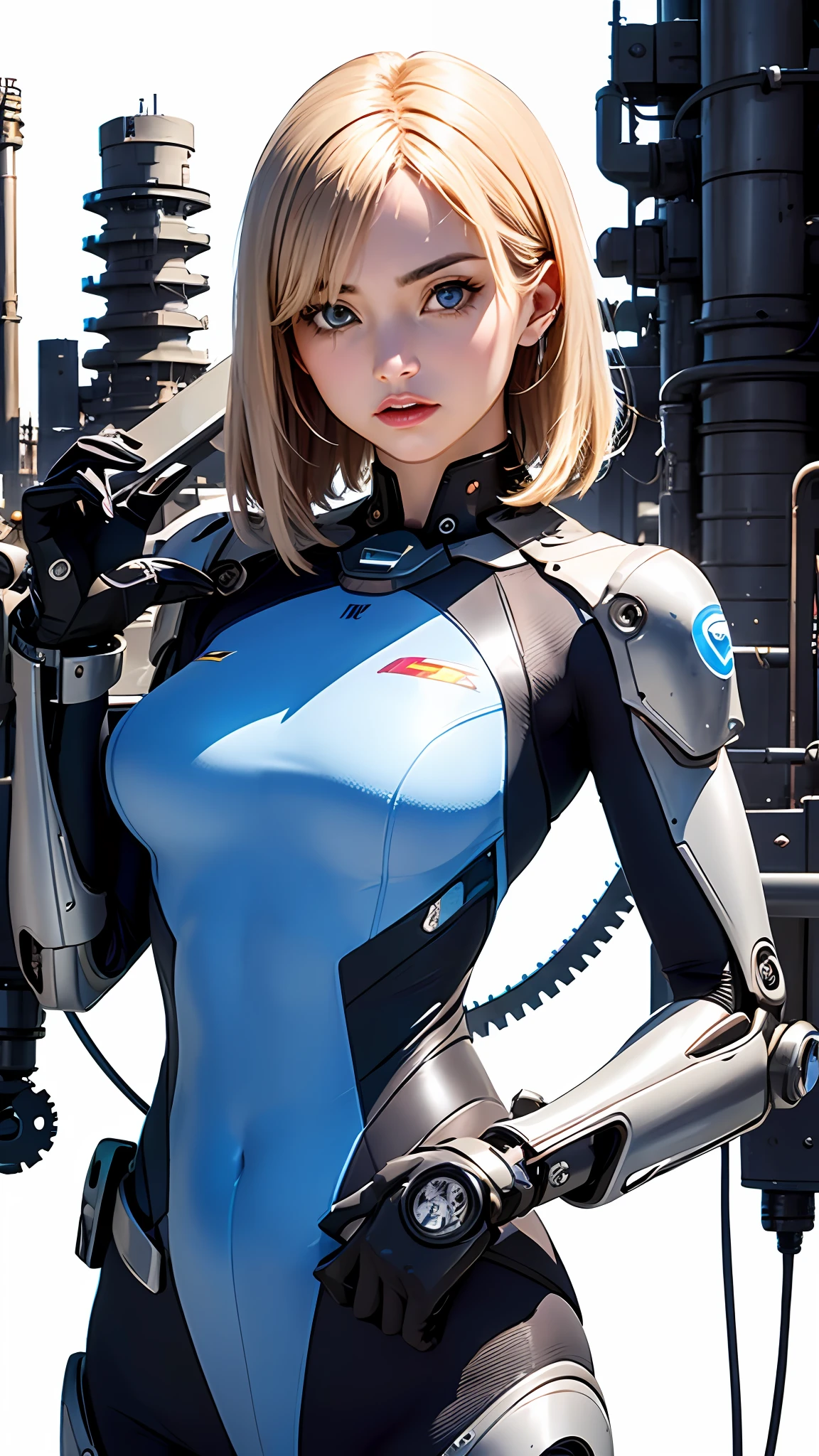One-sided layered cut Bob, (Blonde hair: 1.3), ((Transparent blue eyes (purple)), ((Beautiful, detailed eyes, Jewel-like eyes, Bright blue eyes: 1.3)) , The female body incorporates mechanical components such as gears with supernan S on the chest, wires and circuits that merge with the female's natural shape to create a visually captivating and futuristic aesthetic. The mechanical elements emphasize precision and functionality, with interlocking gears and gears that work harmoniously with the feminine physique. Female faces can have cybernetic enhancements, such as glowing eyes, neural implants, and metallic facial features that symbolize the fusion of man and machine. This work of art embodies both the strength of a woman and the grace of the human spirit. Lighting and shadows play an important role, increasing the contrast between organic and mechanical elements and adding depth to the composition. It emphasizes the mechanical nature of the artwork. Background details can include futuristic cityscapes, industrial landscapes, or abstract patterns to further enhance the futuristic feel. Overall, the work captures the essence of a woman embracing the integration of machines, celebrating the possibilities and complexities of a future where humans and technology coexist, wearing Superman's S symbol on her chest.
