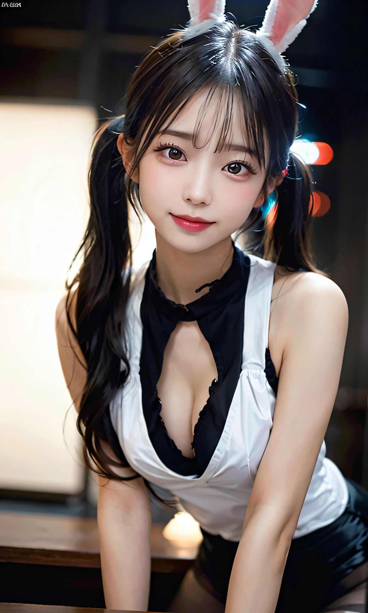 (RAW photo: 1.2), top quality, beautiful detailed girl, bunny girl, smile, blonde, twin tails, highly detailed eyes and face, beautiful detailed eyes, huge file size, high resolution, high resolution, 8k wallpaper, fine detail, highly detailed ticker uniform 8k wallpaper, light on face, movie lighting, 16 year old girl, sexy pose, (photorealism: 1.4), Illustration, surrealism, from below, super detail, masterpiece, playboy bunny, fishnet pantyhose, on all fours，big boobs