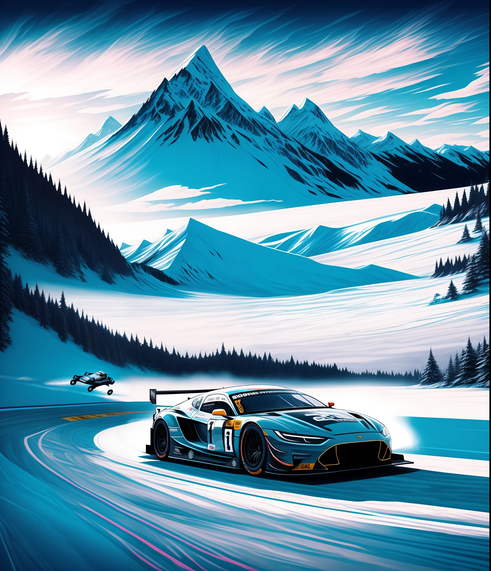 "Create an image of a cinematic race car on an ice rink, gliding at high speed and leaving a spectacular ice trail