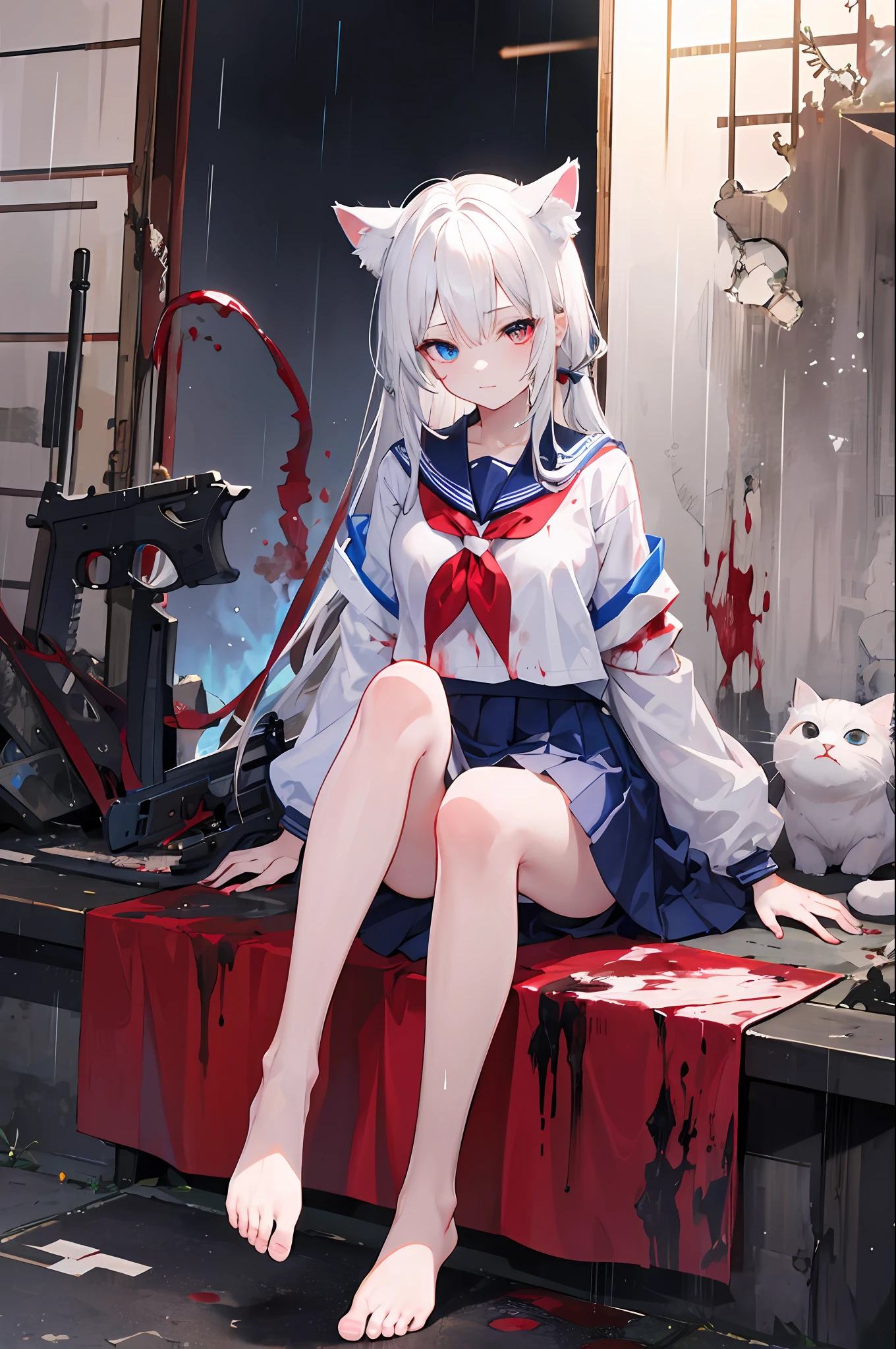 1girl, red eyes in the left eye, blue eyes in the right eye, long white hair, cat ears, rain, Japanese school uniform, blood stained clothes, bare legs, bare feet, blood stained on the body, bandages, guns, background ruins, fire,