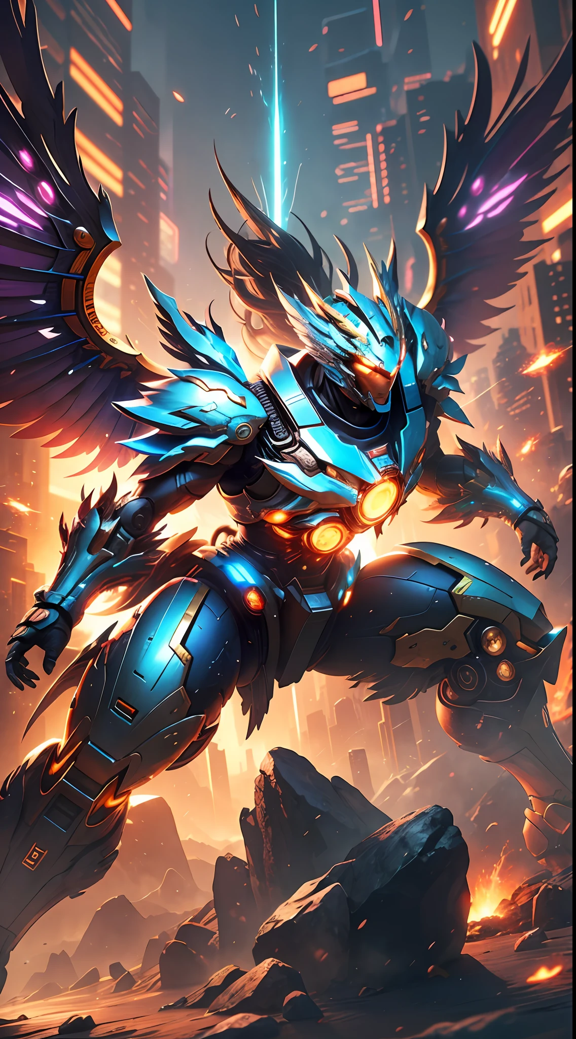 (Best quality: 1.3), (Masterpiece: 1.3), (Realistic: 1.4), (Details: 1.1), steampunk style, cool colors, cinematic effects, huge sci-fi mecha, purple-gold mecha with strong metallic luster, blue eyes, huge wings with metallic texture on the back, the wings are feathers and layered, holding Fang Tianji, Fang Tianji particle light, Fang Tianji particle special effects, aesthetic, scattered, battle posture, battle posture display, super details, perfect details, 8K, top painting, feature article, Studio environment, concept art, epic composition, with HD detail, metallic texture and tension composition, hyper-realistic, ultra-realistic, detailed, 3D. C4D,