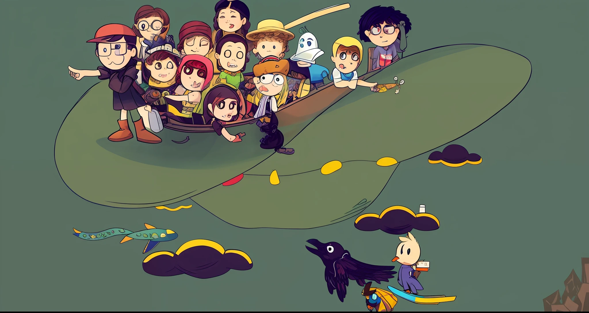 cartoon of a group of people flying in a beach hat, sky!, official fanart, fanart, high quality fanart, detailed fanart, pixiv contest winner, video game fanart, inspired by Winsor McCay, added detail, chibi, sky!, [concept art]!, duck-themed spaceship, very crowded, discworld theme, fanart", colorful comics, video game still
