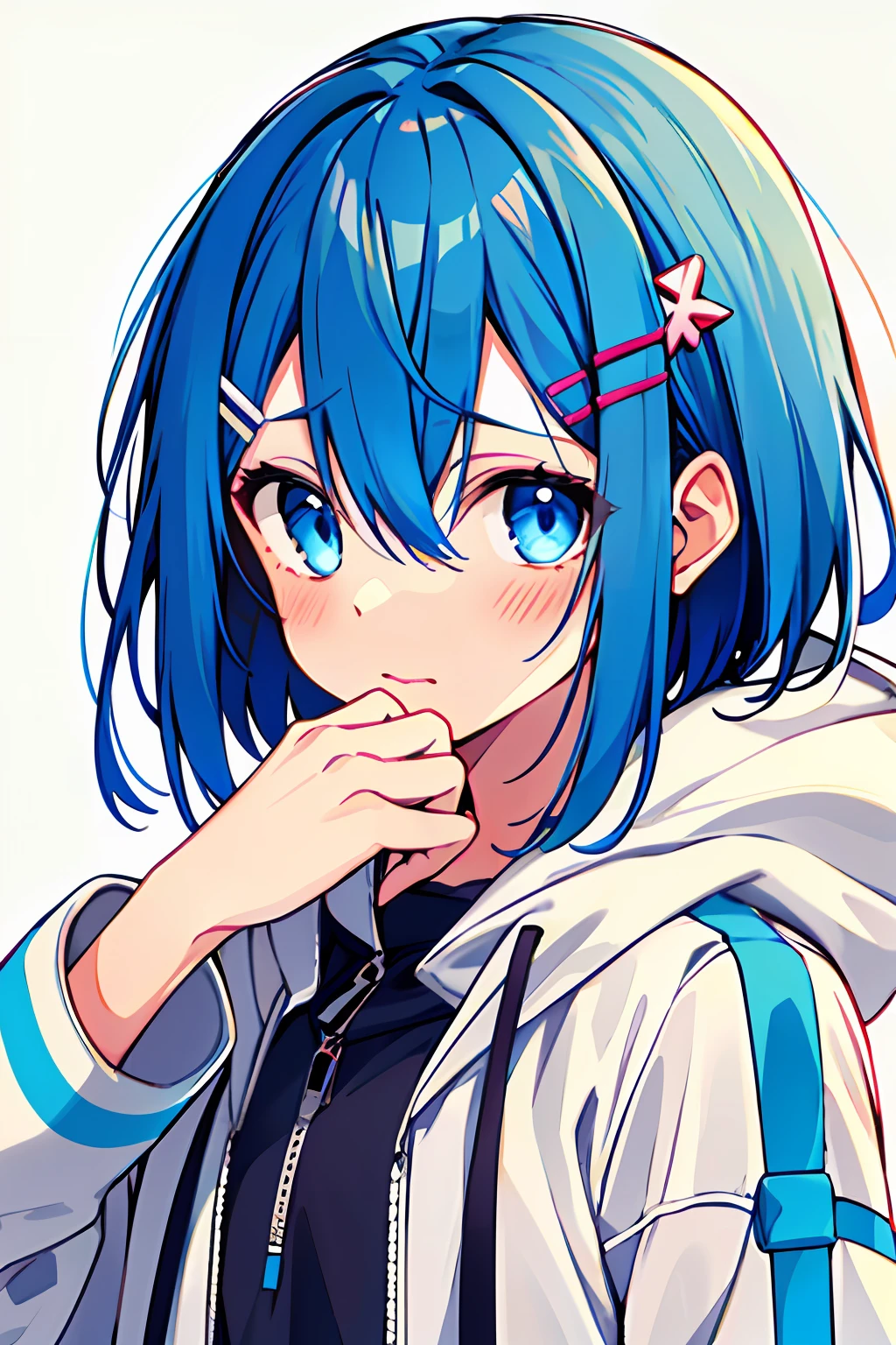 masterpiece, best quality, ultra-detailed, 1girl, solo, blue eyes, hood, hair ornament, blush, blue hair, short hair, looking at viewer, hairclip, hood up, bangs, closed mouth, jacket, hair between eyes, upper body, white hoodie, hooded jacket, hoodie, long sleeves, white jacket, portrait, blue background, hand up, simple background