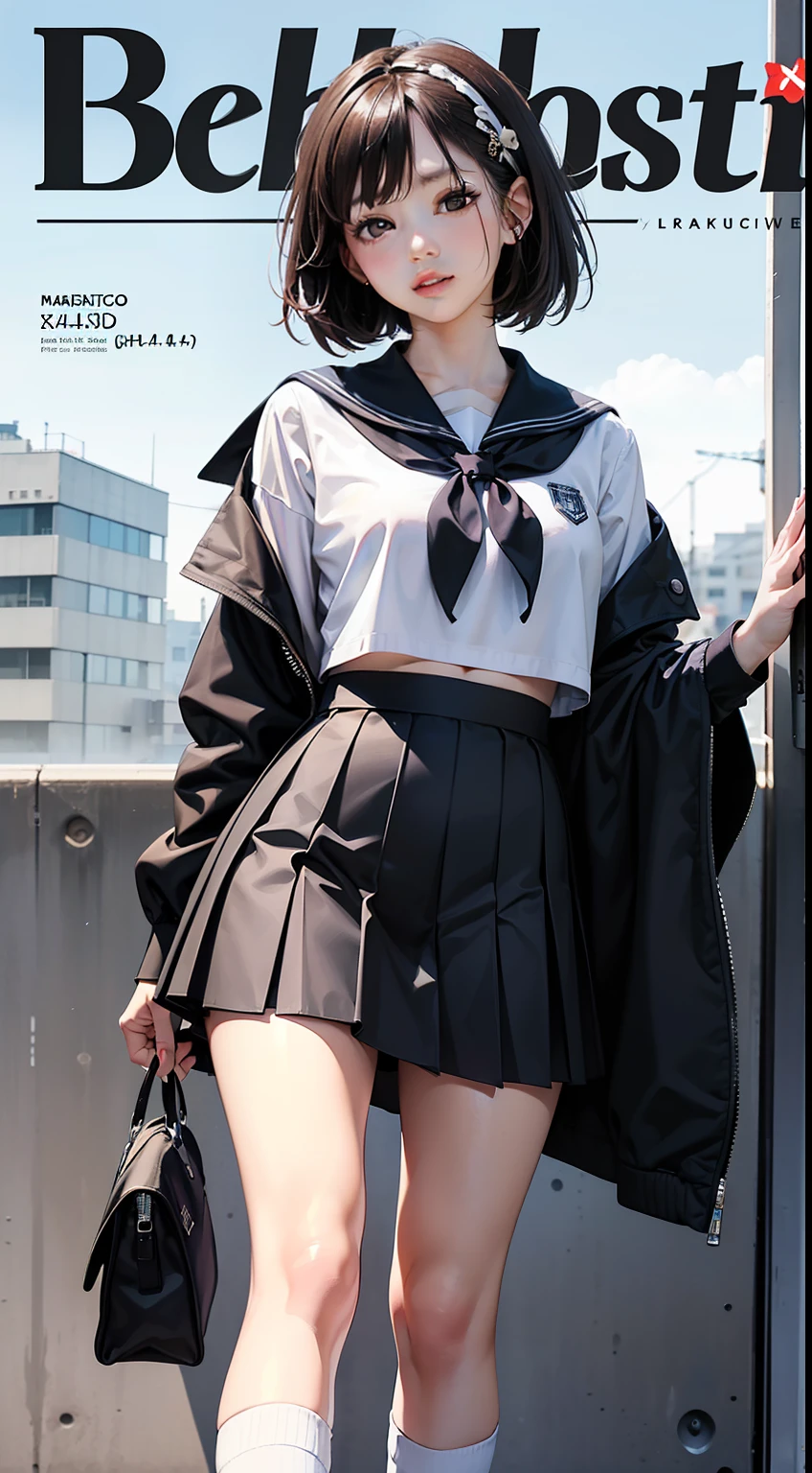 (masterpiece:1.4, best quality:1.4), illustrations, (solo:1.2), (original), (very detailed wallpaper), photographic reality, (ultra detailed:1.4), (super complex details), (Magazine cover-style illustration of a fashionable JK schoolgirl in a stylish outfit), posing in front of a colorful and dynamic background. She has a confident expression and is wearing a chic sailor-style uniform, including a pleated skirt and knee-high socks. Her (black|brown hair) features trendy hair accessories, and her makeup is fashionable. The text on the cover should be bold and attention-grabbing, with the title of the magazine and a catchy headline. The overall style should be modern and trendy, with a focus on Japanese schoolgirl fashion and lifestyle.