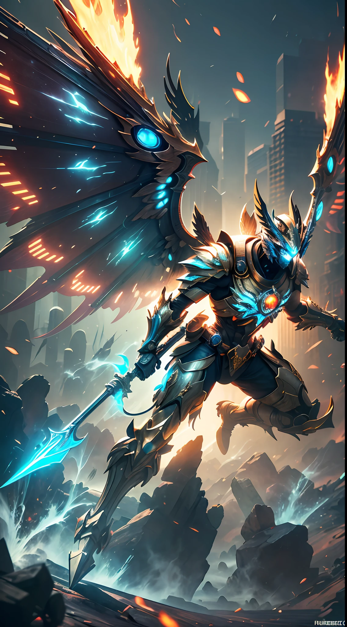 (Best quality: 1.3), (Masterpiece: 1.3), (Realistic: 1.4), (Details: 1.1), steampunk style, cool colors, cinematic effects, huge sci-fi mecha, pure black mecha with strong metallic luster, blue eyes, huge wings with metallic texture on the back, the wings are feathery and layered, holding Fang Tian Halberd, Fang Tian Halberd particle light, Fang Tian Halberd particle special effects, aesthetic, scattered, battle posture, battle posture display, super details, perfect details, 8K, top painting, feature article, Studio environment, concept art, epic composition, with HD detail, metallic texture and tension composition, hyper-realistic, ultra-realistic, detailed, 3D. C4D,