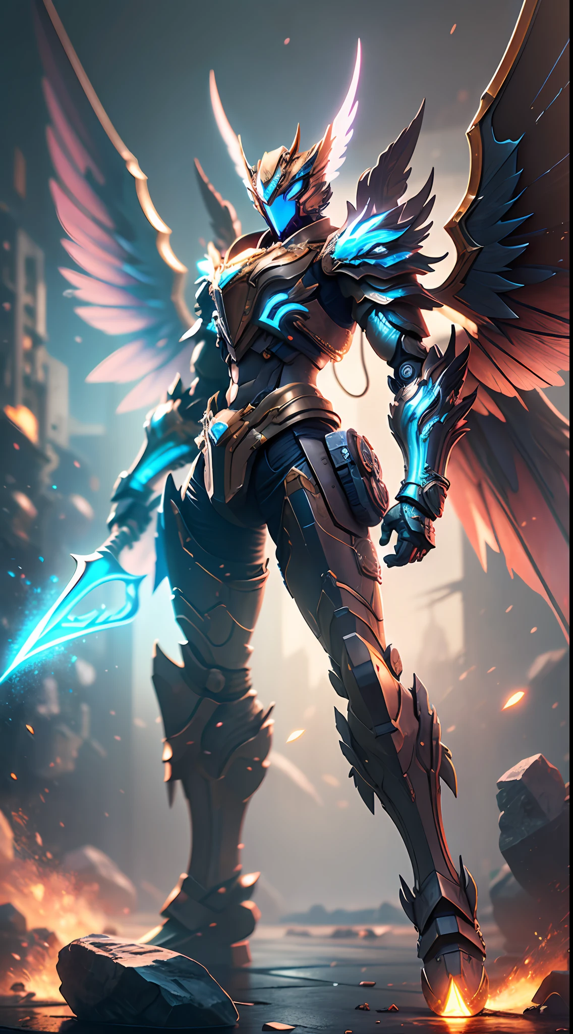 (Best quality: 1.3), (Masterpiece: 1.3), (Realistic: 1.4), (Details: 1.1), steampunk style, cool colors, cinematic effects, huge sci-fi mecha, pure black mecha with strong metallic luster, blue eyes, huge wings with metallic texture on the back, the wings are feathery and layered, holding Fang Tian Halberd, Fang Tian Halberd particle light, Fang Tian Halberd particle special effects, aesthetic, scattered, battle posture, battle posture display, super details, perfect details, 8K, top painting, feature article, Studio environment, concept art, epic composition, with HD detail, metallic texture and tension composition, hyper-realistic, ultra-realistic, detailed, 3D. C4D,