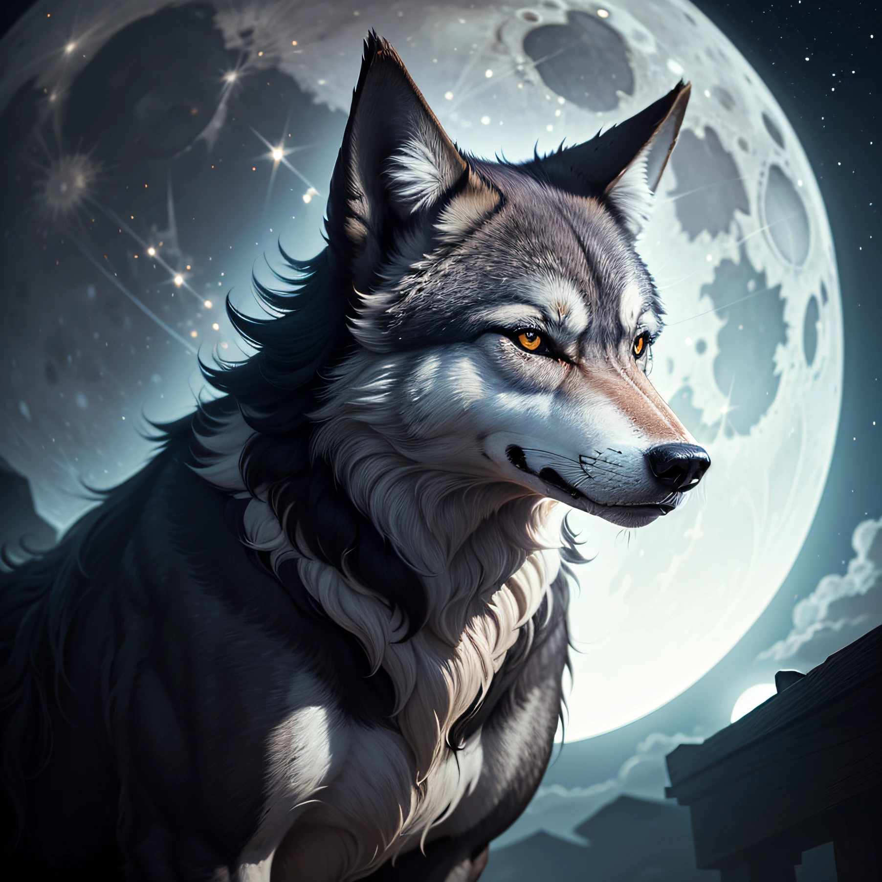 A realistic wolf, black with white that howls at the moon --auto