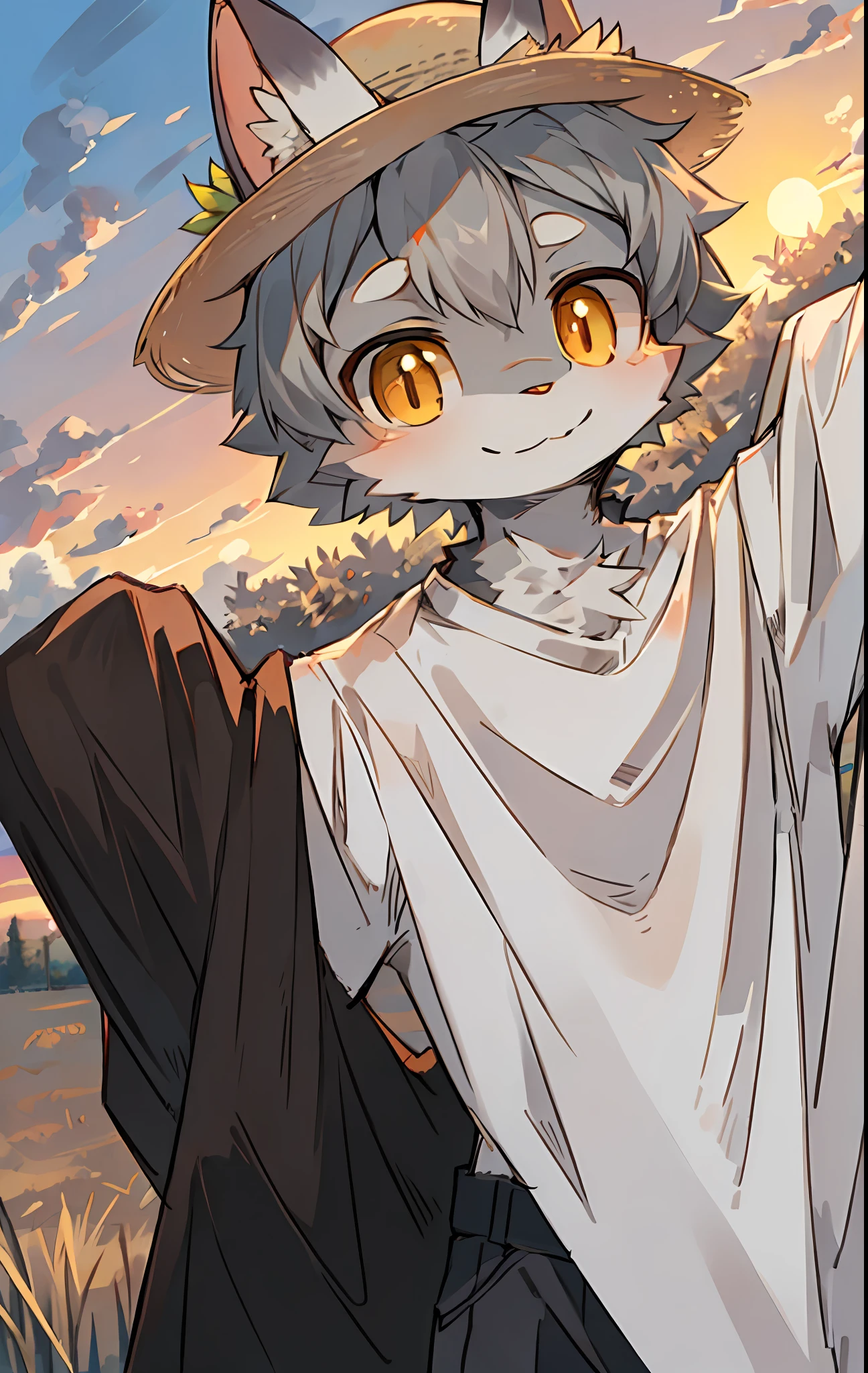 Furry, full body fur, gray hair, cute, boy, golden eyes, straw hat, pastoral, sunset, farm, white short sleeves, high quality, high quality, bright eyes, smile, daytime
