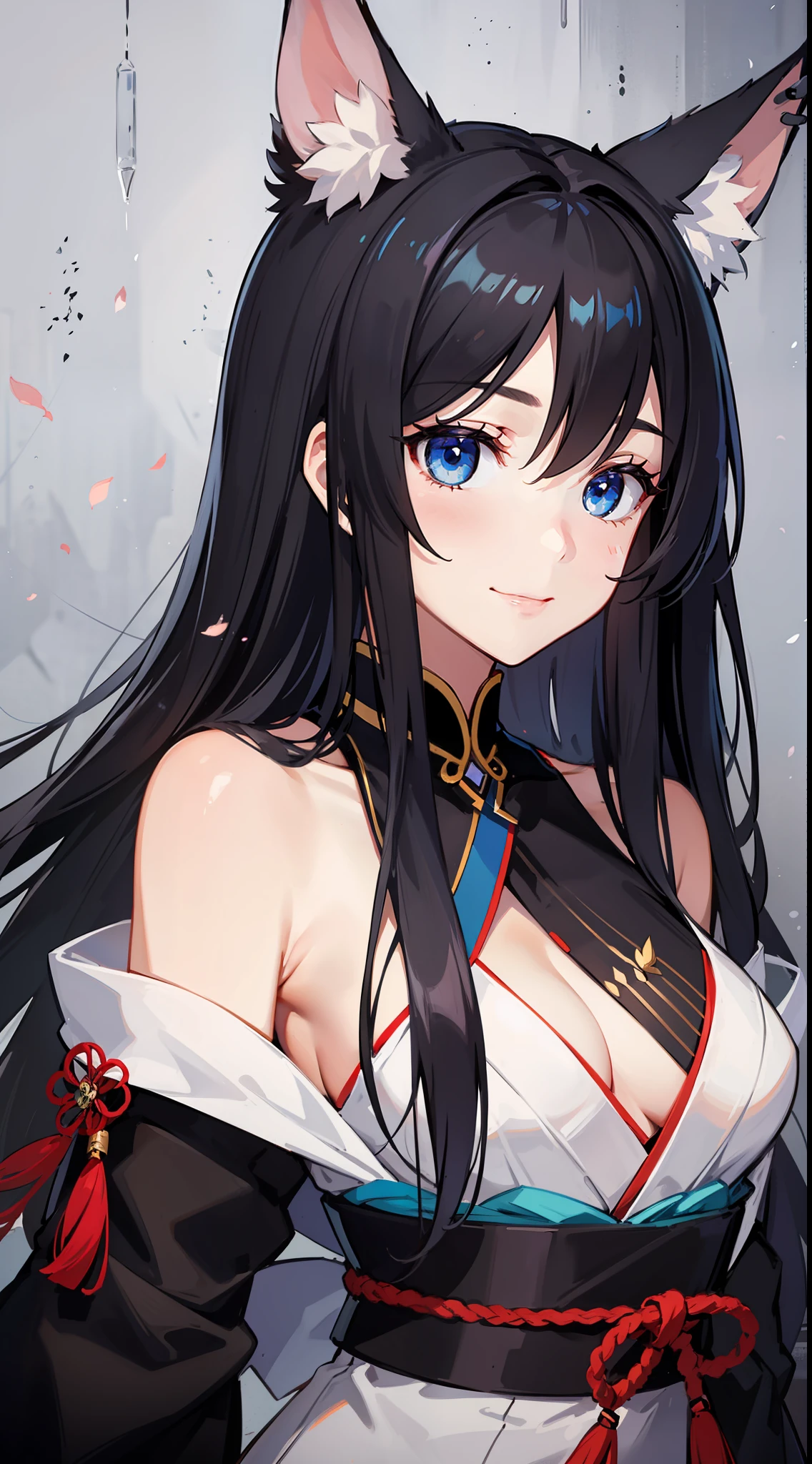 Adult woman, long black hair, blue eyes, white fox ears, open kimono, open chest, smile, masterpiece, high quality