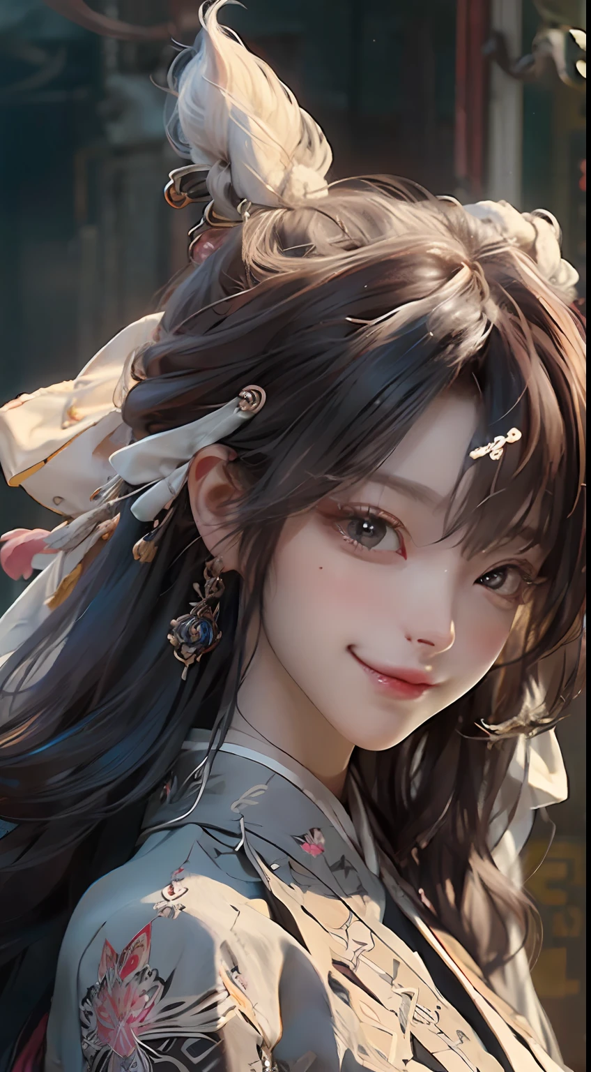 1girl, solo, white long hair, official art, unity 8k wallpaper, ultra detailed, beautiful and aesthetic, masterpiece, best quality, realistic, (zentangle, mandala, tangle, entangle), (fractal art), (ecstasy of silk:1.5), web, chain, extremely detailed, dynamic angle, epic composition, the most beautiful form of chaos, elegant, a brutalist designed, vivid colours, romanticism, zhongfenghua, grey mist, smile