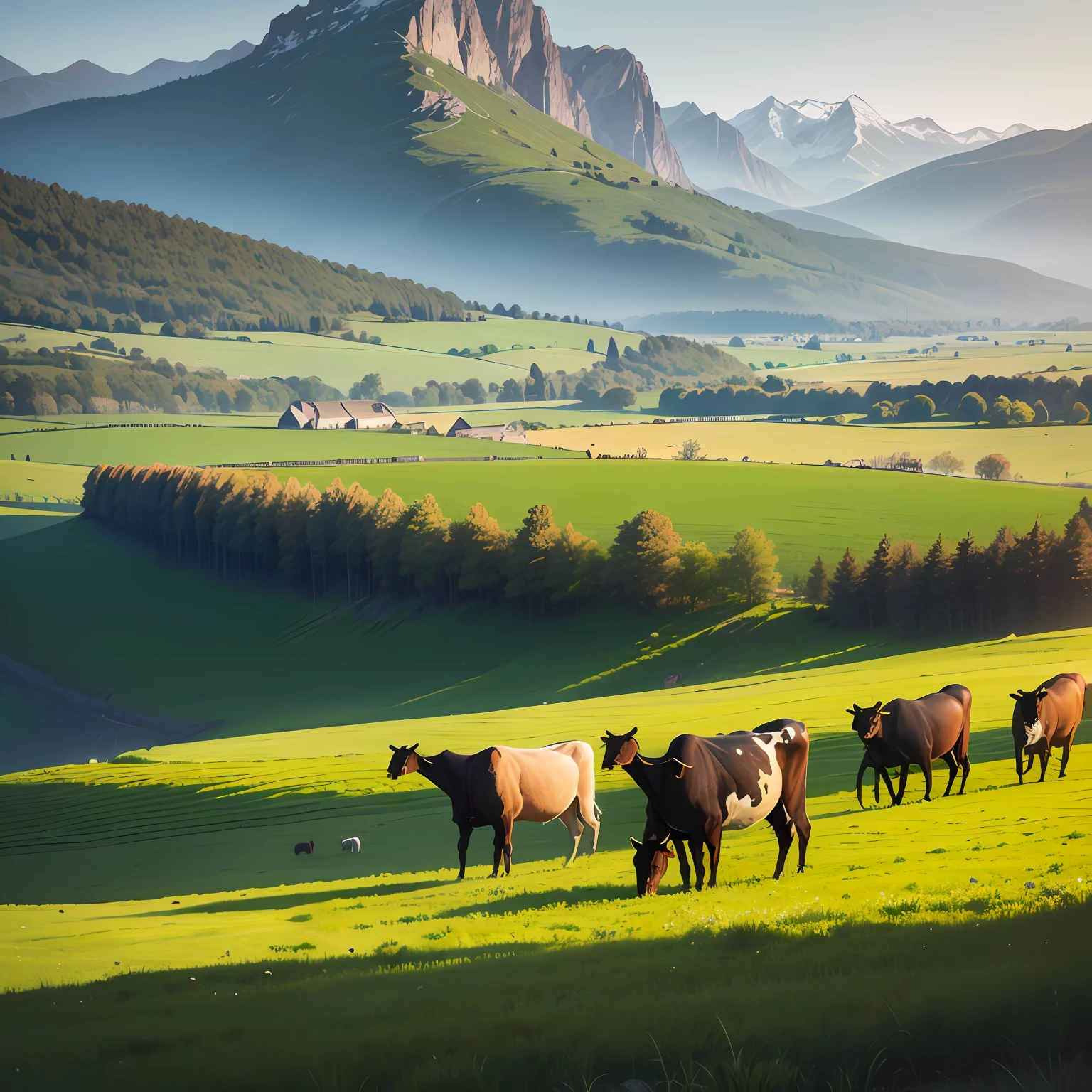 Little yellow cattle grazing in fields with mountains as background, countryside, idyllic setting, beautiful surroundings, grazing, cows, beautiful high resolution, southern european landscape, pasture, cattle, in scenic background, pastoral, in the countryside, franz-higig, cattle, green pastures stretching for miles, by Gerstner, beautiful landscape, rural landscape --auto
