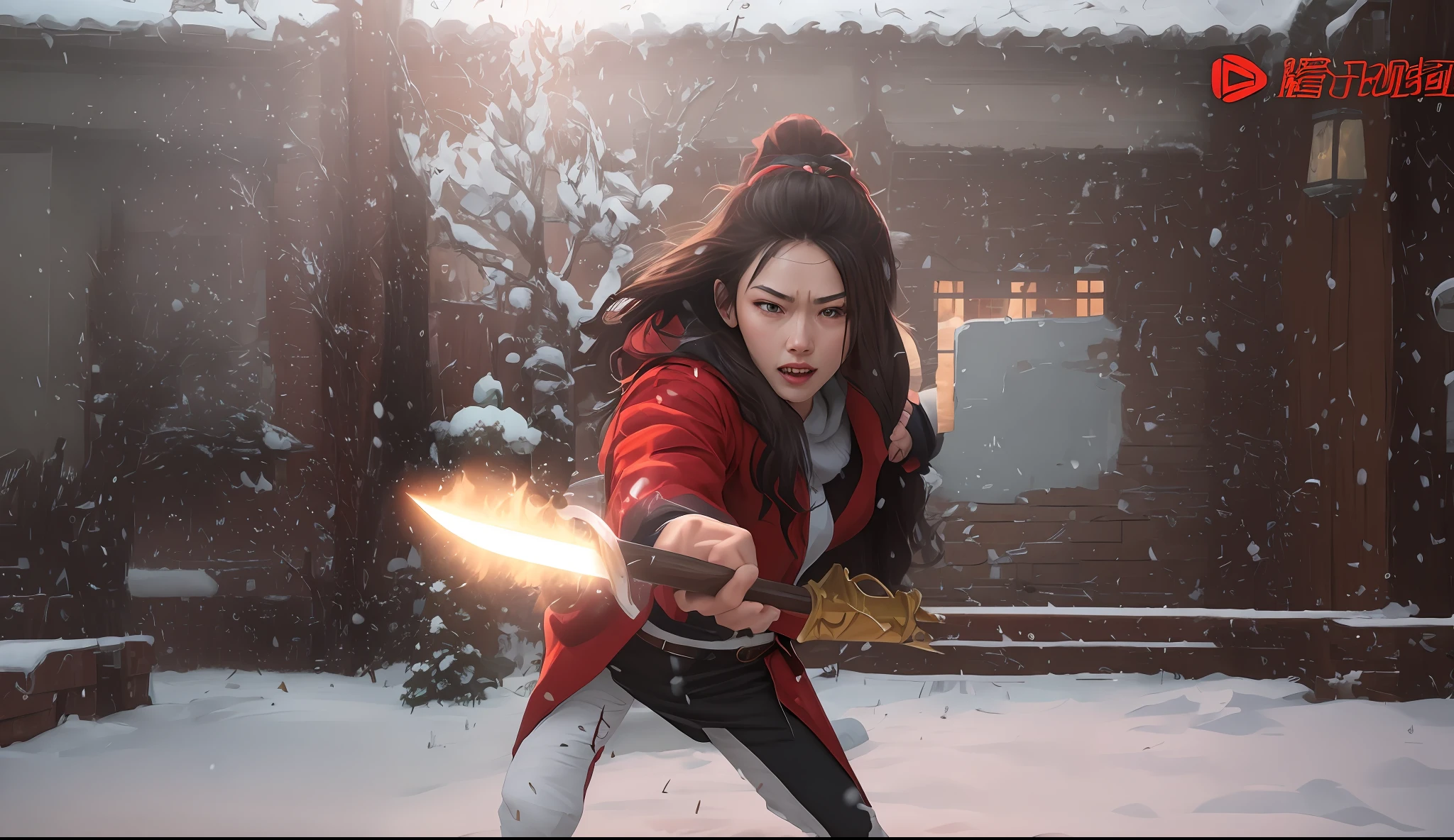 Araped woman in red coat holding a spear in the snow, martial arts scenes, stabbing, big weapons, webtoon,