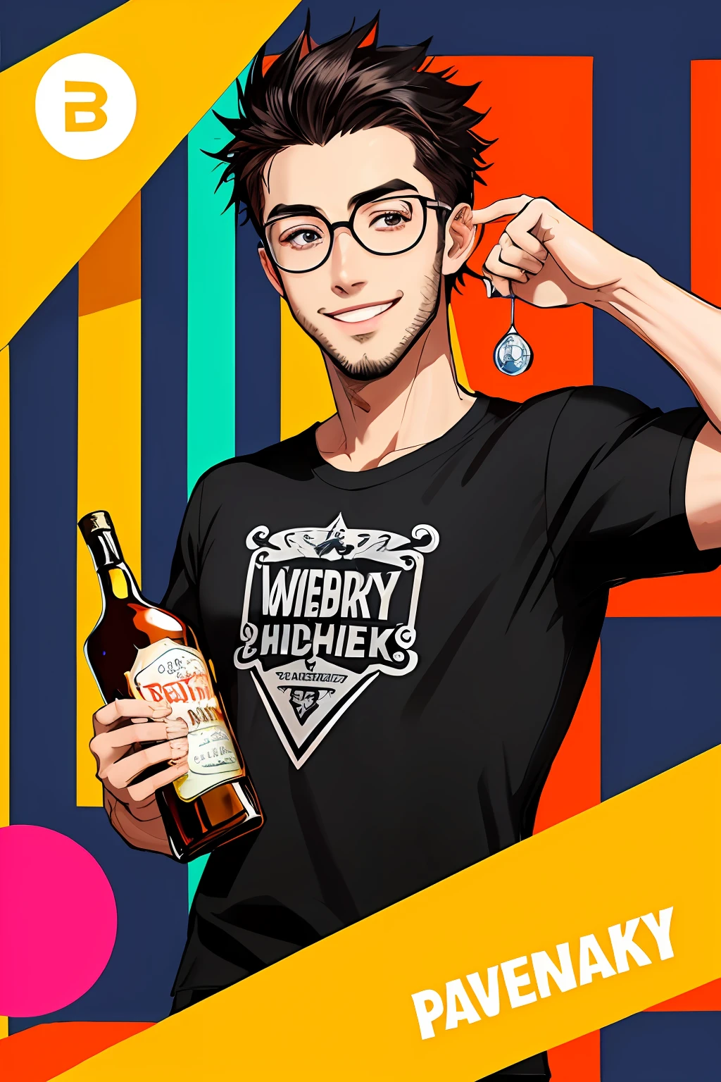 Pop Art, 1 Man, Black T-shirt, Robust, Friendly and Confident Smile, Clinking Glasses with a Bottle of Whiskey, Neon Palette