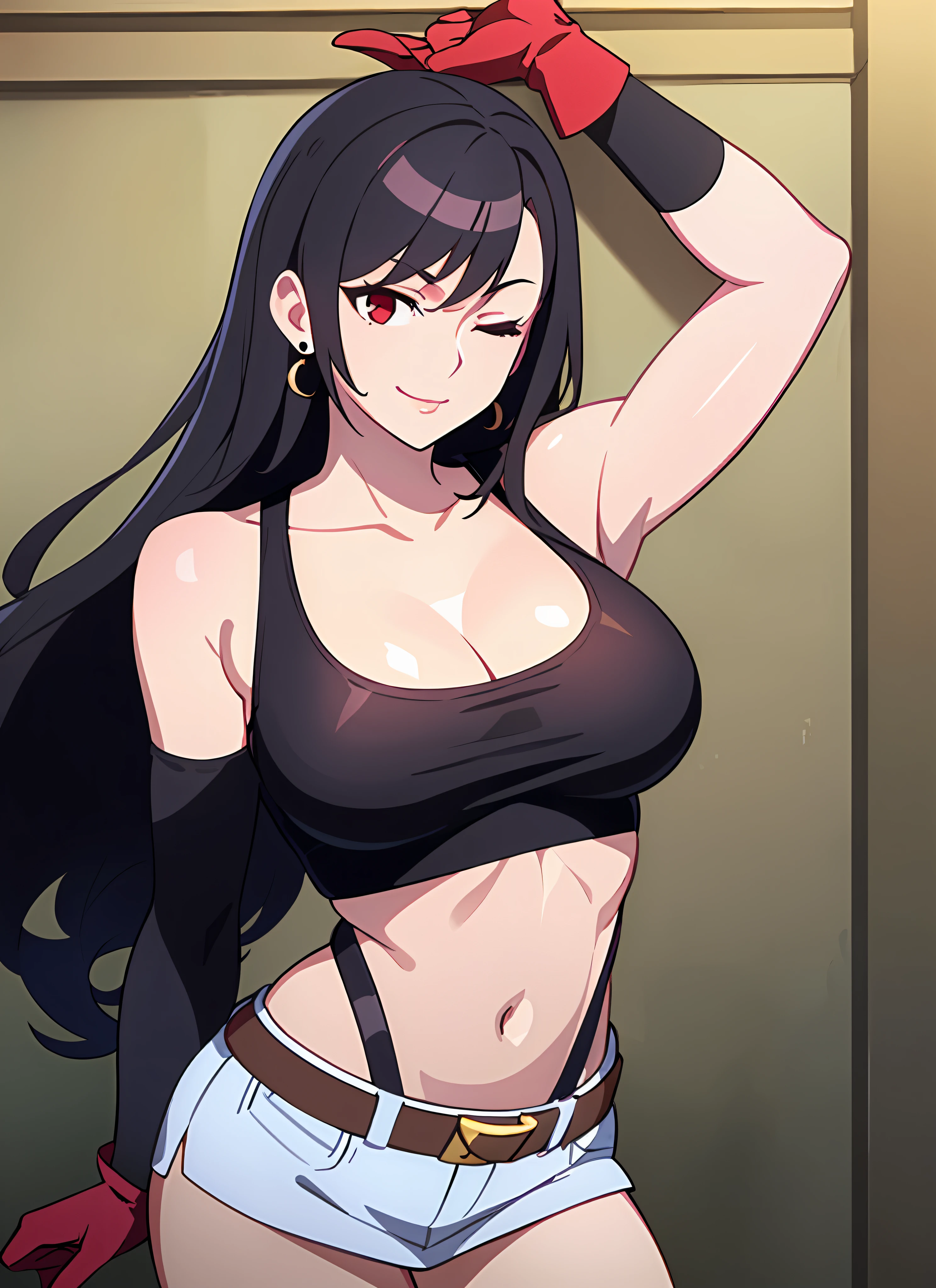 LWA tifa lockhart, 1girl, thick lips, arm up, armpits, artist name, belt, black hair, breasts, brown eyes, cleavage, closed mouth, collarbone, cowboy shot, crop top, earrings, elbow gloves, elbow pads, gloves, jewelry, large breasts, lips, long hair, low-tied long hair, midriff, navel, one eye closed, outdoors, skirt, smile, solo, stomach, suspenders, tank top, upper body, ((masterpiece))