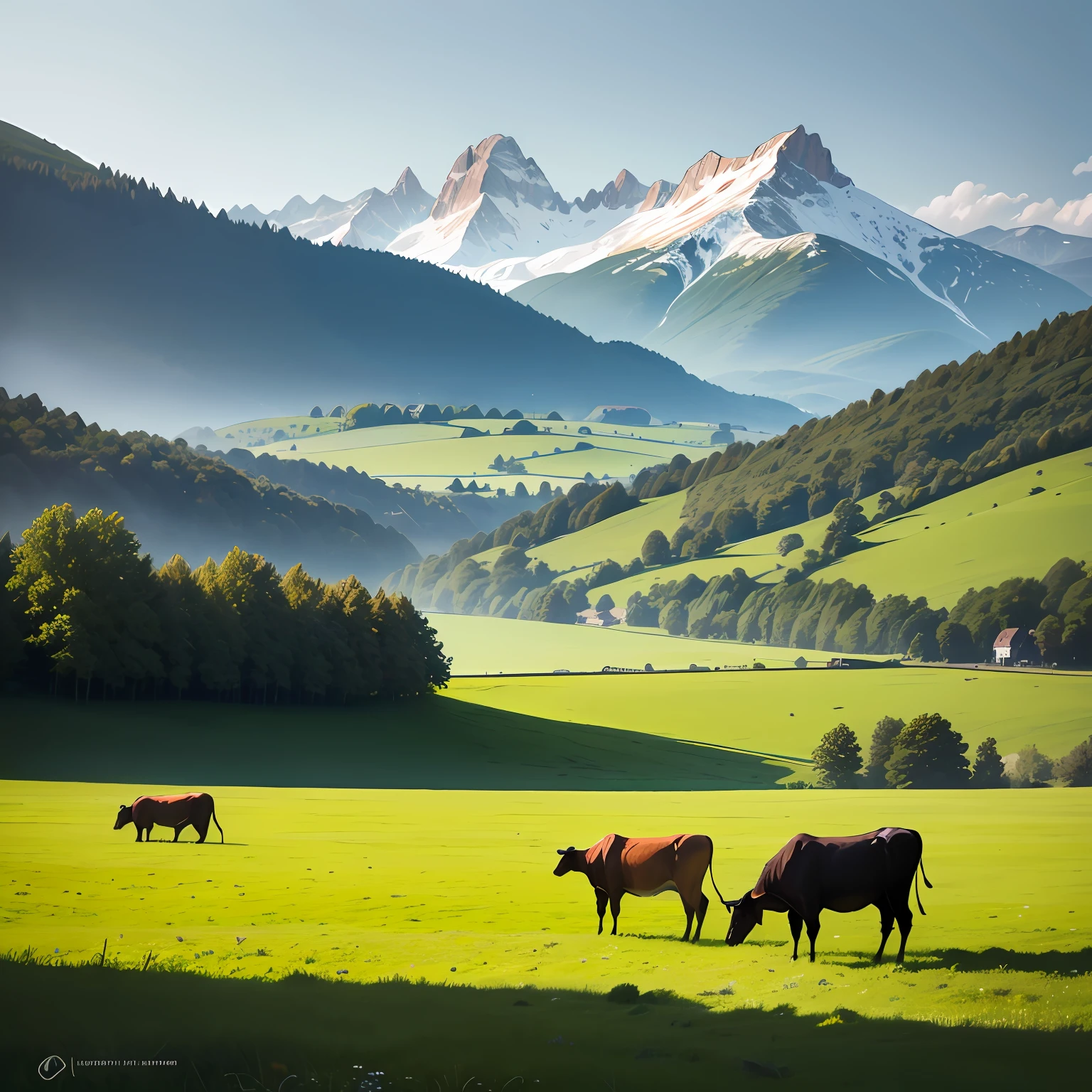 Little yellow cattle grazing in fields with mountains as background, countryside, idyllic setting, beautiful surroundings, grazing, cows, beautiful high resolution, southern european landscape, pasture, cattle, in scenic background, pastoral, in the countryside, franz-higig, cattle, green pastures stretching for miles, by Gerstner, beautiful landscape, rural landscape --auto