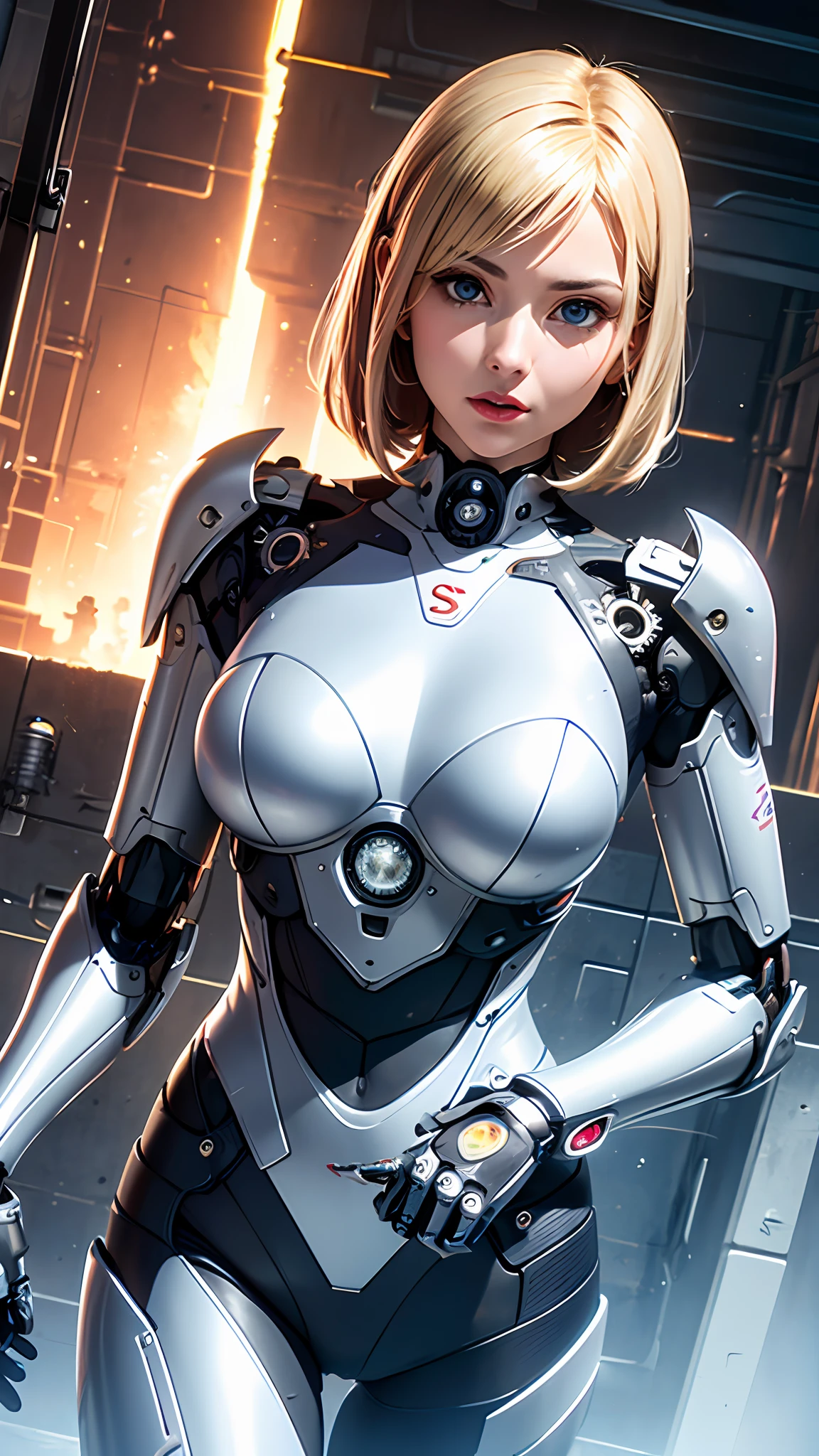One-sided layered cut Bob, (Blonde hair: 1.3), ((Transparent blue eyes (purple)), ((Beautiful, detailed eyes, Jewel-like eyes, Bright blue eyes: 1.3)) , The female body incorporates mechanical components such as gears with supernan S on the chest, wires and circuits that merge with the female's natural shape to create a visually captivating and futuristic aesthetic. The mechanical elements emphasize precision and functionality, with interlocking gears and gears that work harmoniously with the feminine physique. Female faces can have cybernetic enhancements, such as glowing eyes, neural implants, and metallic facial features that symbolize the fusion of man and machine. This work of art embodies both the strength of a woman and the grace of the human spirit. Lighting and shadows play an important role, increasing the contrast between organic and mechanical elements and adding depth to the composition. It emphasizes the mechanical nature of the artwork. Background details can include futuristic cityscapes, industrial landscapes, or abstract patterns to further enhance the futuristic feel. Overall, the work captures the essence of a woman embracing the integration of machines, celebrating the possibilities and complexities of a future where humans and technology coexist, wearing Superman's S symbol on her chest.