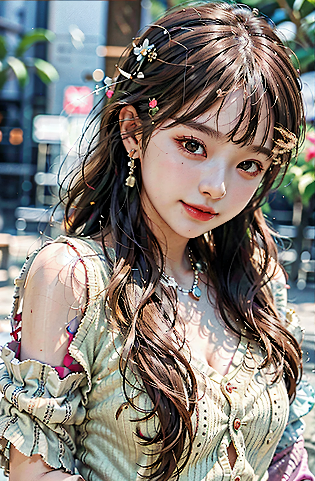 8k,(RAW photo),(best quality), (photo-realistic:1.4),realistic skin texture 1girl,Cute,Double eyelid,bangs,full body,petite,Thin leg,(Slender figure),slim,smile,headgear,earrings,necklace,looking at looking at viewer,face focus,depth of field,club ,(Bust Up Shot:1),Bokeh,,