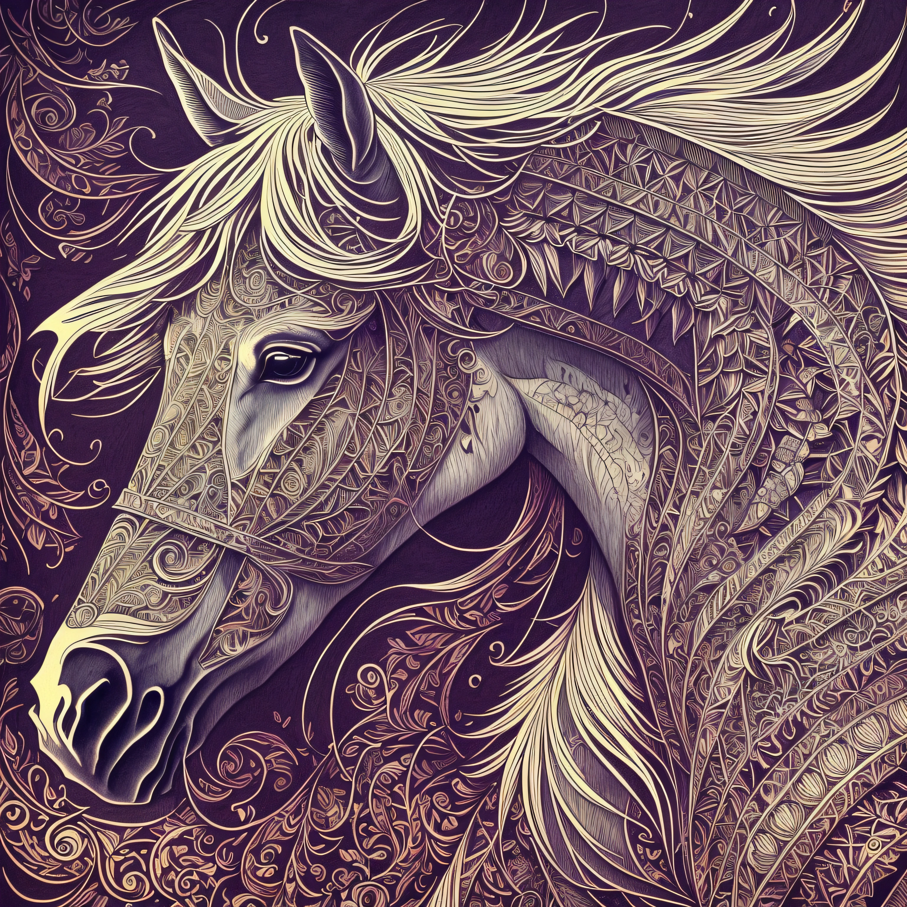 (best quality) ultra-detailed, a horse, intricate linework, highly detailed illustration, perfect composition, beautiful and stunning, dynamic angle, high contrast, incredible shading, incredible detail, unique style, red and purple details, (dark and mystical atmosphere), intricate and detailed nature elements. --auto --s2