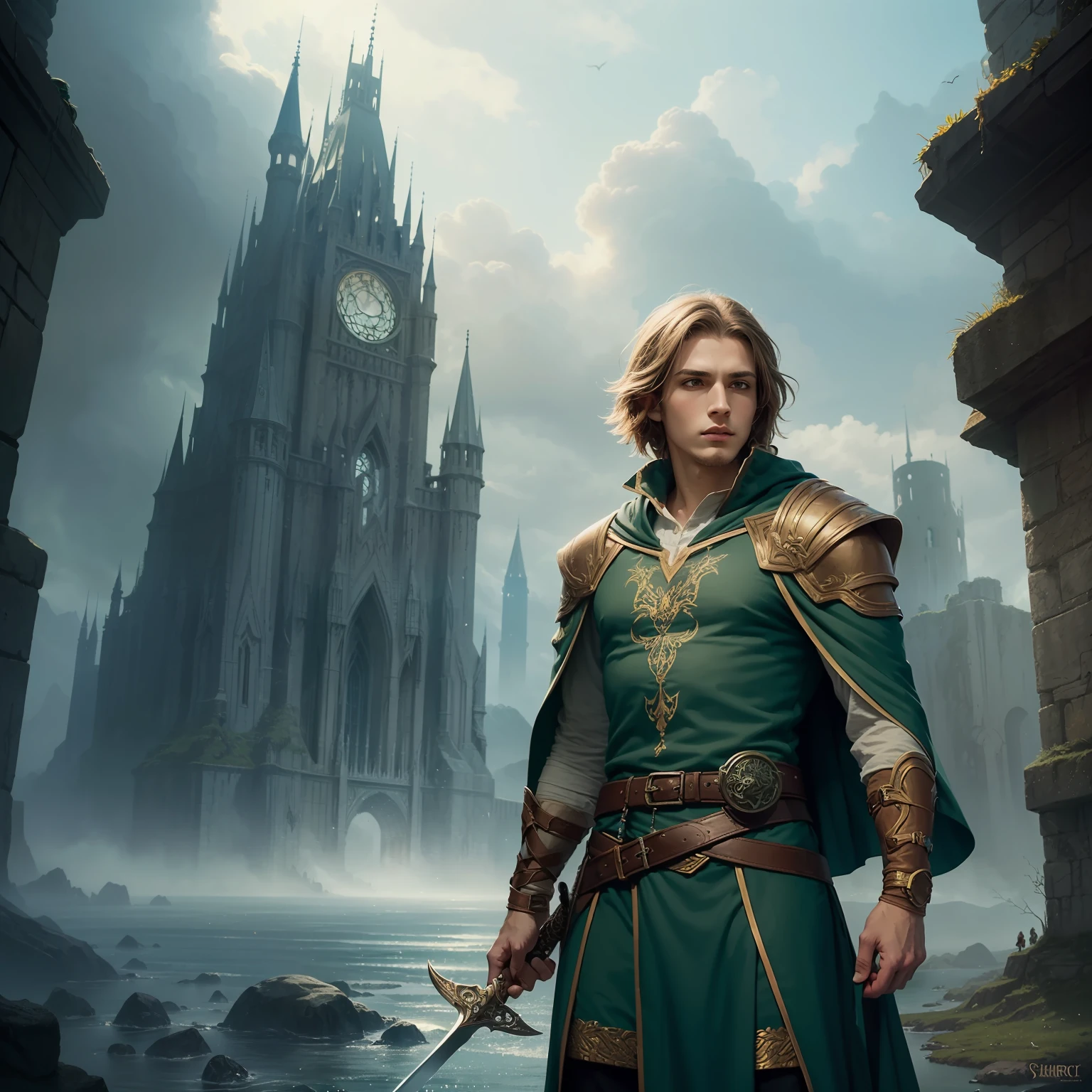 portrait of a half elf, male, (fantasy art, masterpiesce best quality), wizard, (dnd art, fantasy art, masterpiesce best quality), with a short brown hair, short brown stubble, ( dnd art, fantasy art, Masterpiece, best quality) , armed in the right hand with a short sword with elven runes (Masterpiece, best quality) casting a spell  (Masterpiece, best quality), wearing cloak (green, flowing) , in a fantasy urban setting, (dnd art, fantasy art, Masterpiece, best quality)