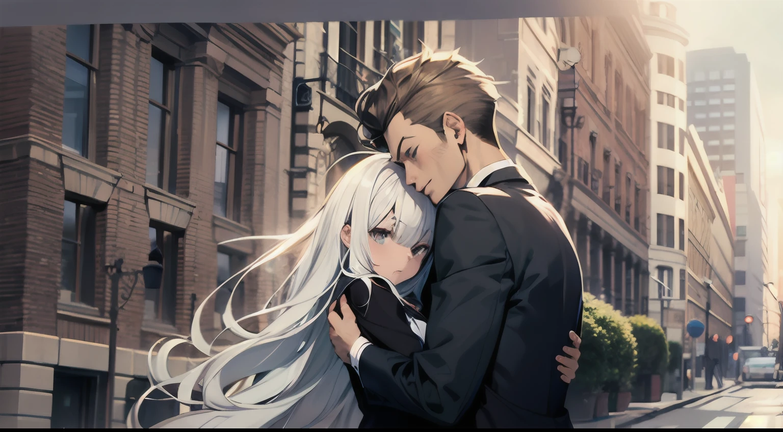 Masterpiece, best quality, a man, in a suit, a woman, white hair, hugs, comfort, street side